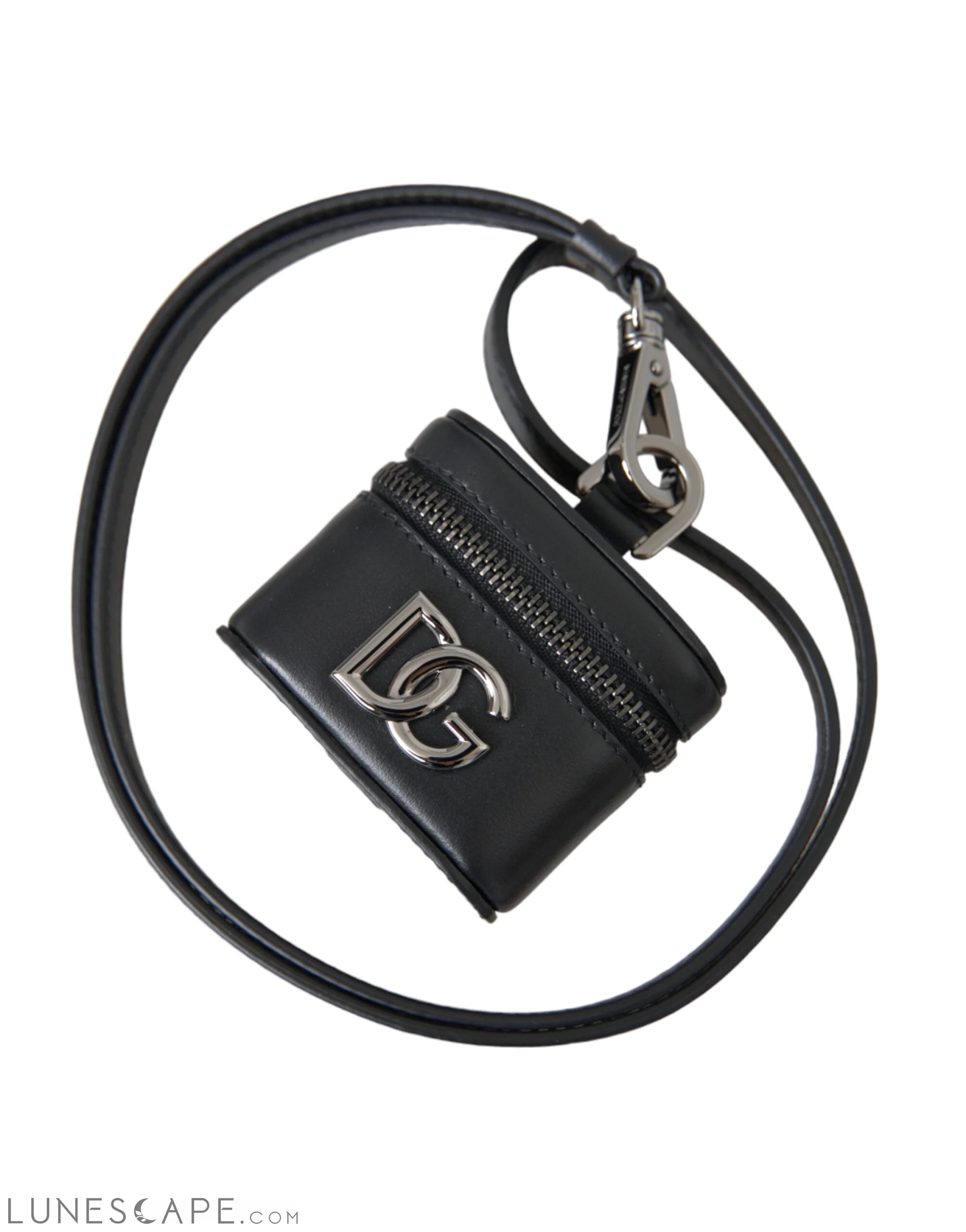 Dolce & Gabbana Black DG Logo Leather Silver Metal Airpods Case LUNESCAPE