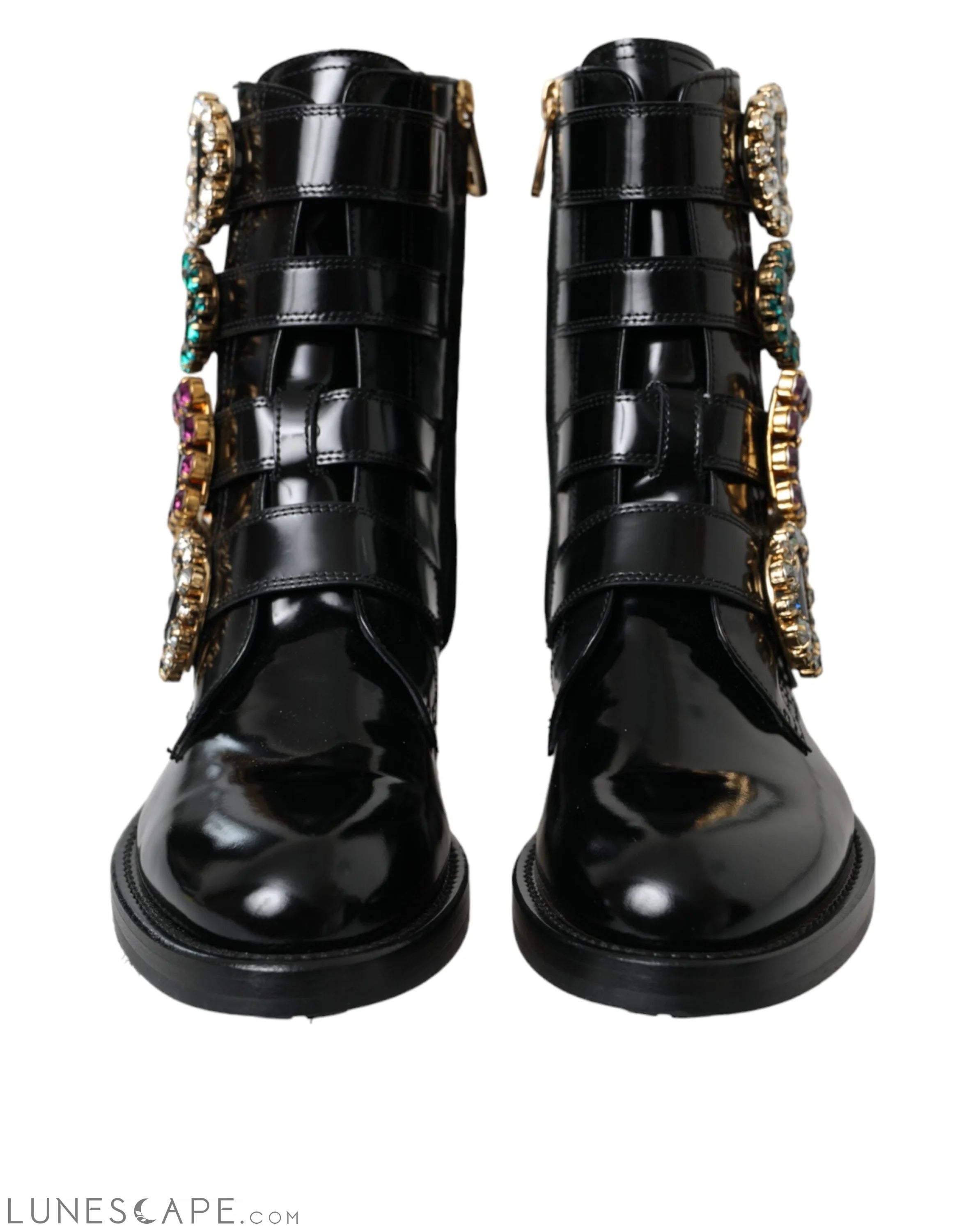 Dolce & Gabbana Black Leather Crystal Buckles Boots LUNESCAPE