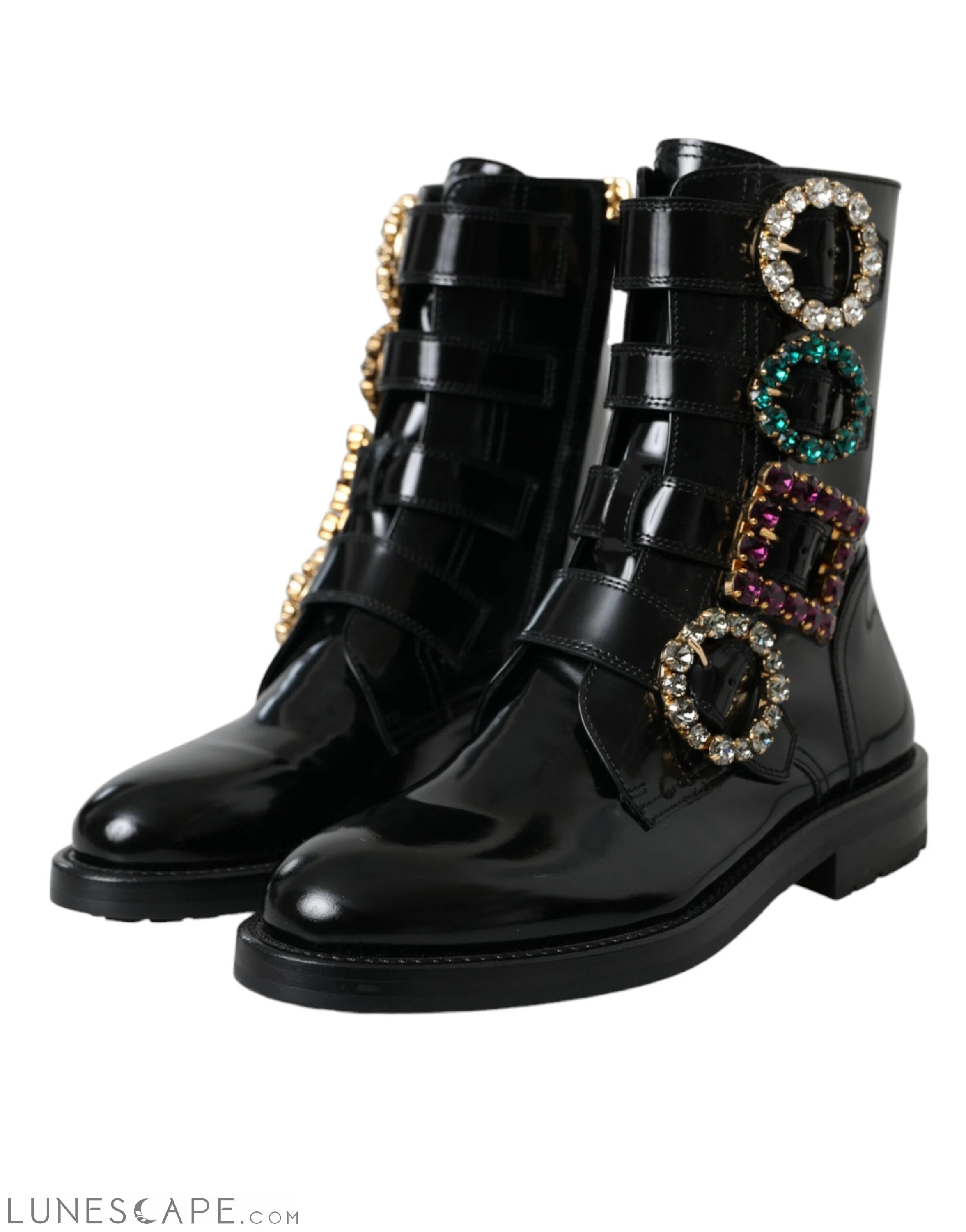 Dolce & Gabbana Black Leather Crystal Buckles Boots LUNESCAPE