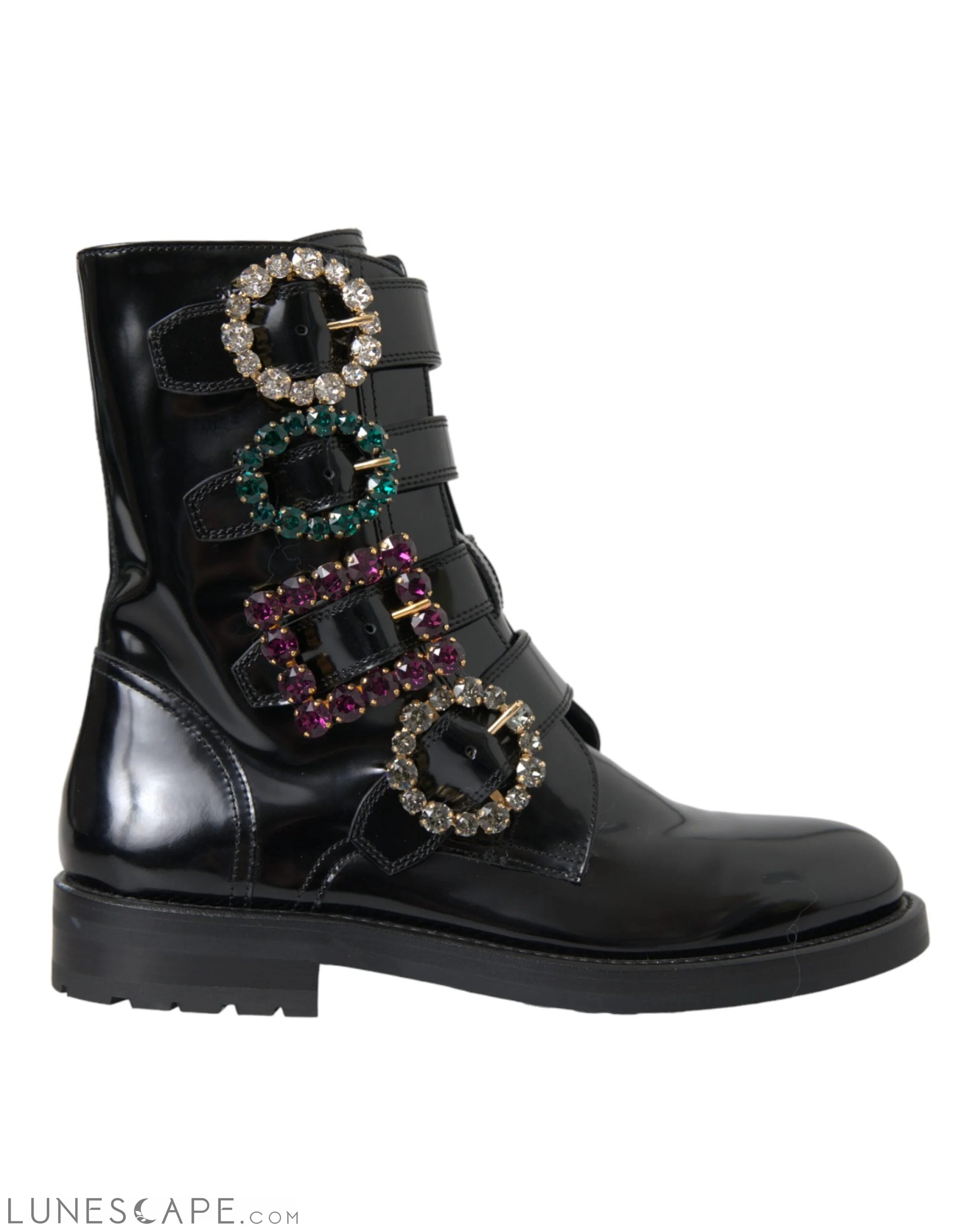 Dolce & Gabbana Black Leather Crystal Buckles Boots LUNESCAPE