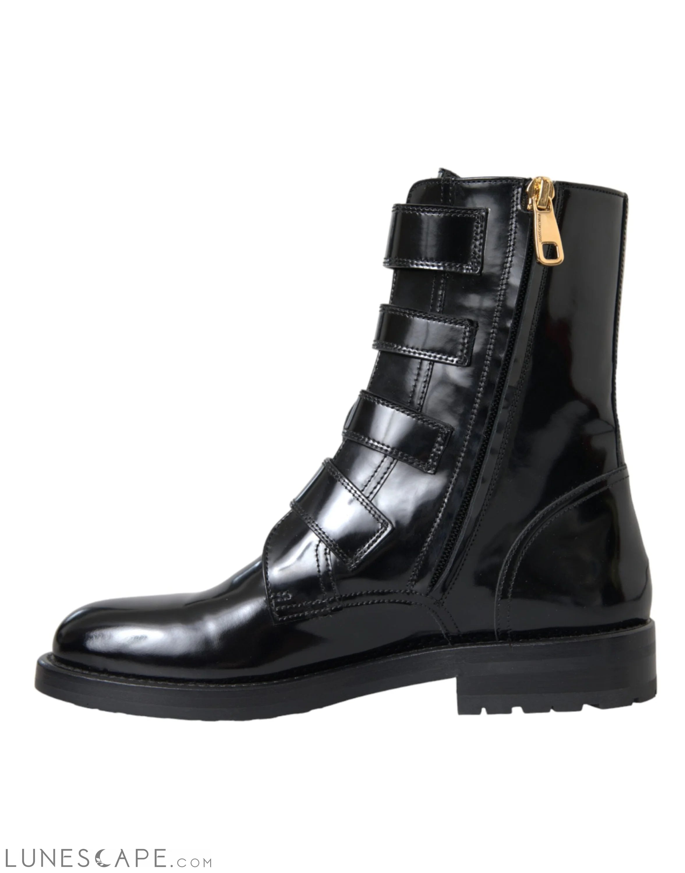 Dolce & Gabbana Black Leather Crystal Buckles Boots LUNESCAPE