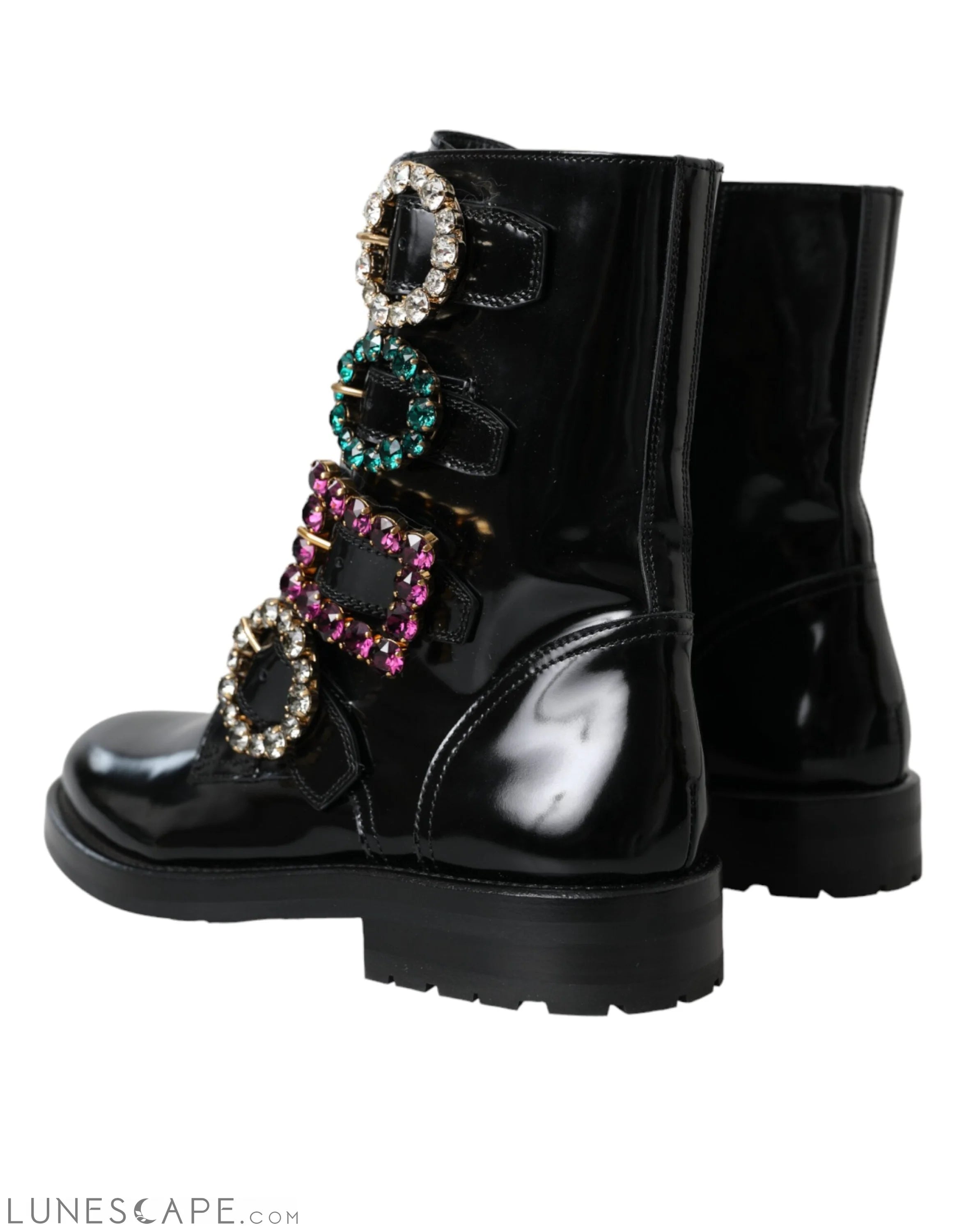 Dolce & Gabbana Black Leather Crystal Buckles Boots LUNESCAPE