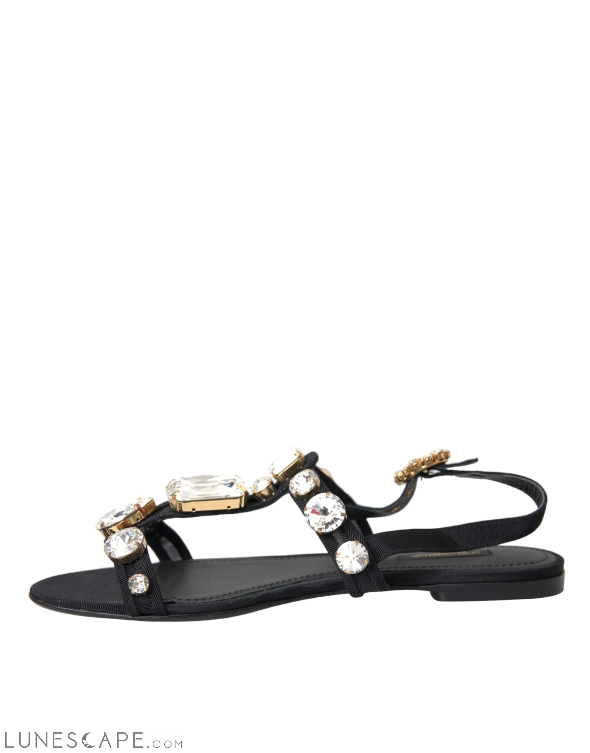 Dolce & Gabbana Black Leather Crystal Flats Sandals Shoes LUNESCAPE