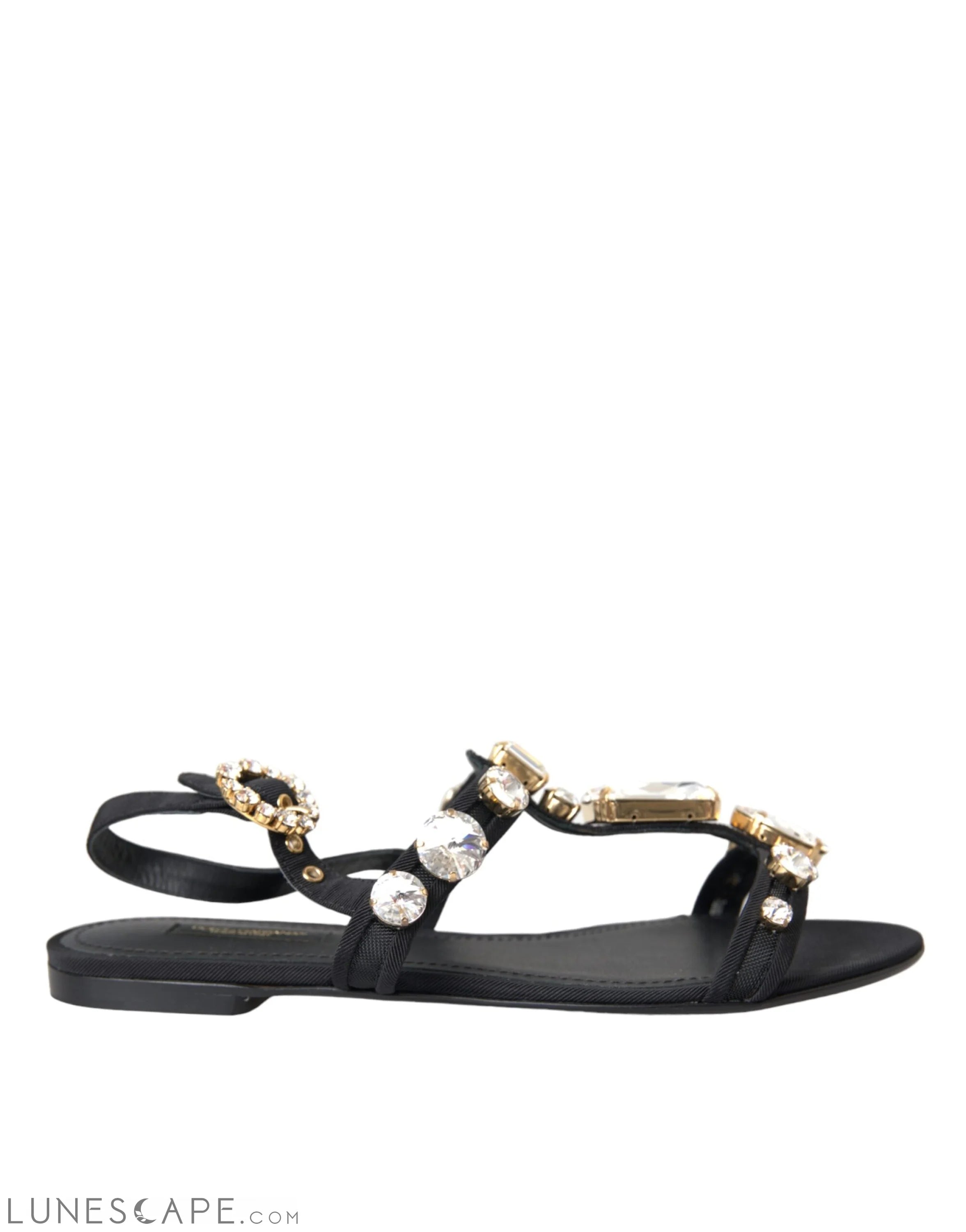 Dolce & Gabbana Black Leather Crystal Flats Sandals Shoes LUNESCAPE