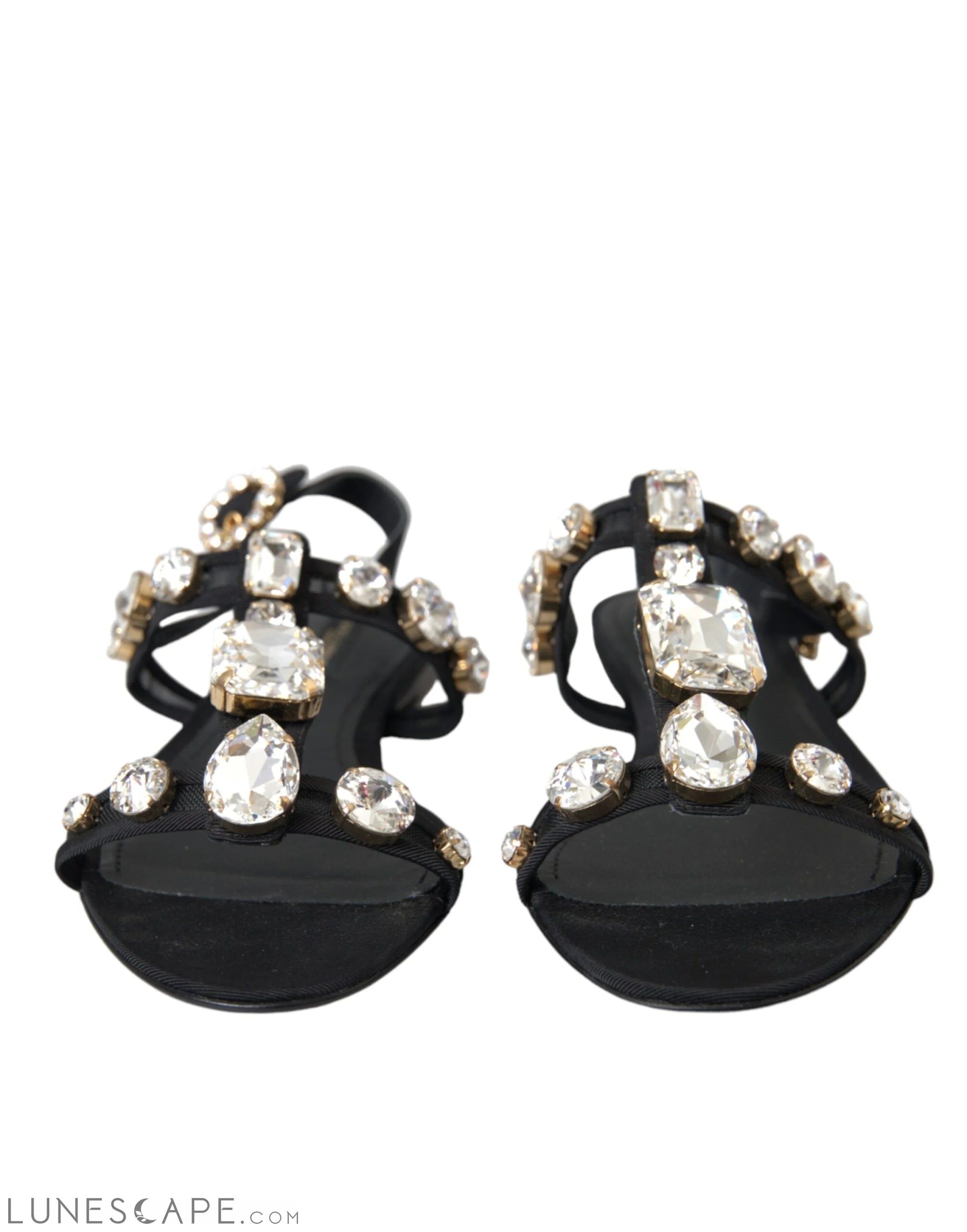 Dolce & Gabbana Black Leather Crystal Flats Sandals Shoes LUNESCAPE