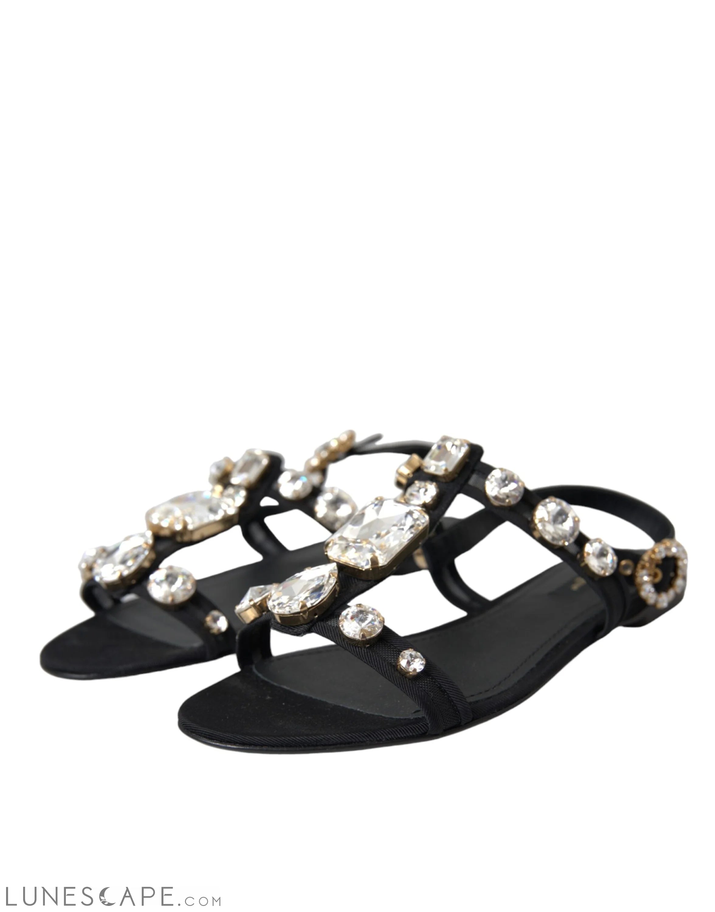 Dolce & Gabbana Black Leather Crystal Flats Sandals Shoes LUNESCAPE