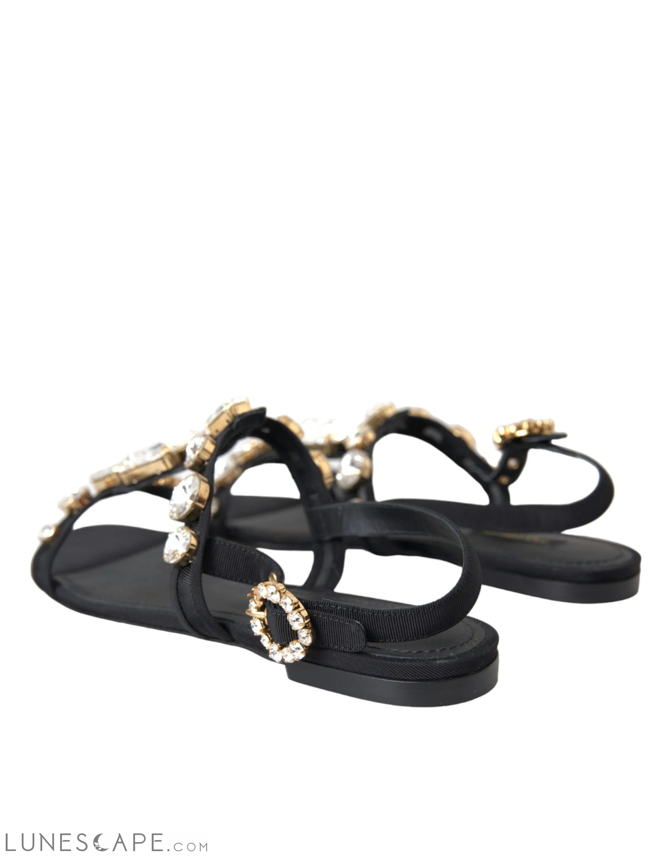 Dolce & Gabbana Black Leather Crystal Flats Sandals Shoes LUNESCAPE