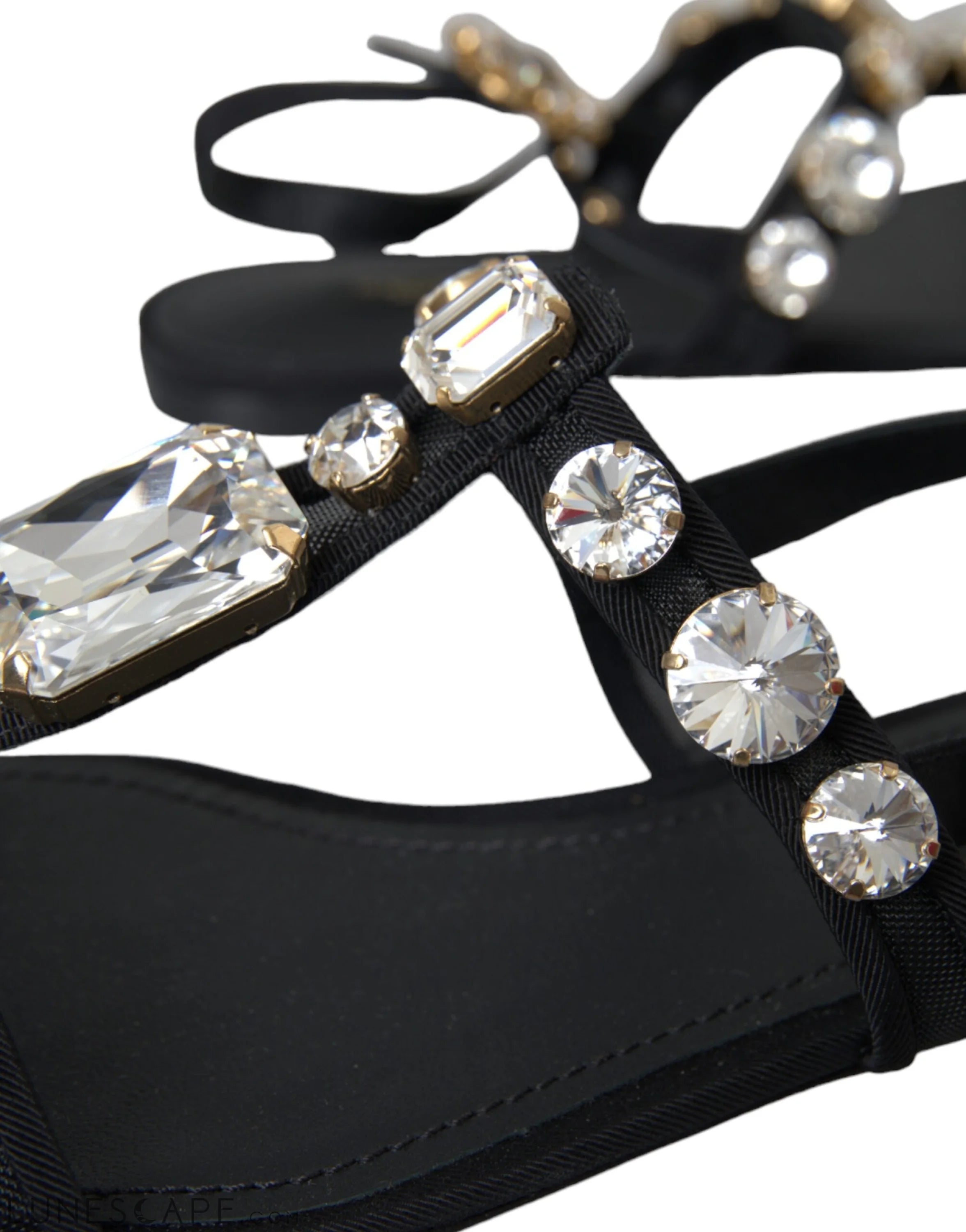 Dolce & Gabbana Black Leather Crystal Flats Sandals Shoes LUNESCAPE