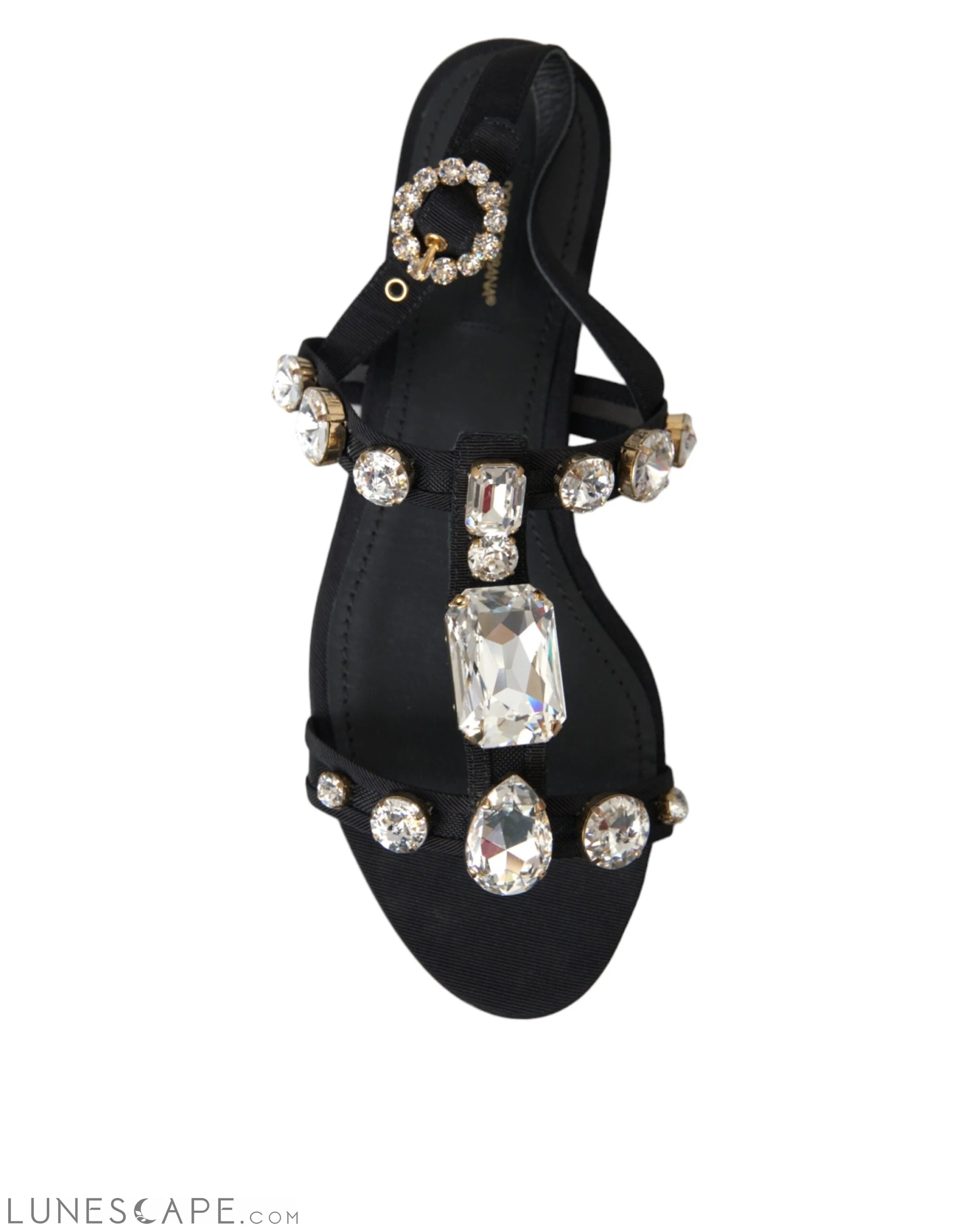 Dolce & Gabbana Black Leather Crystal Flats Sandals Shoes LUNESCAPE