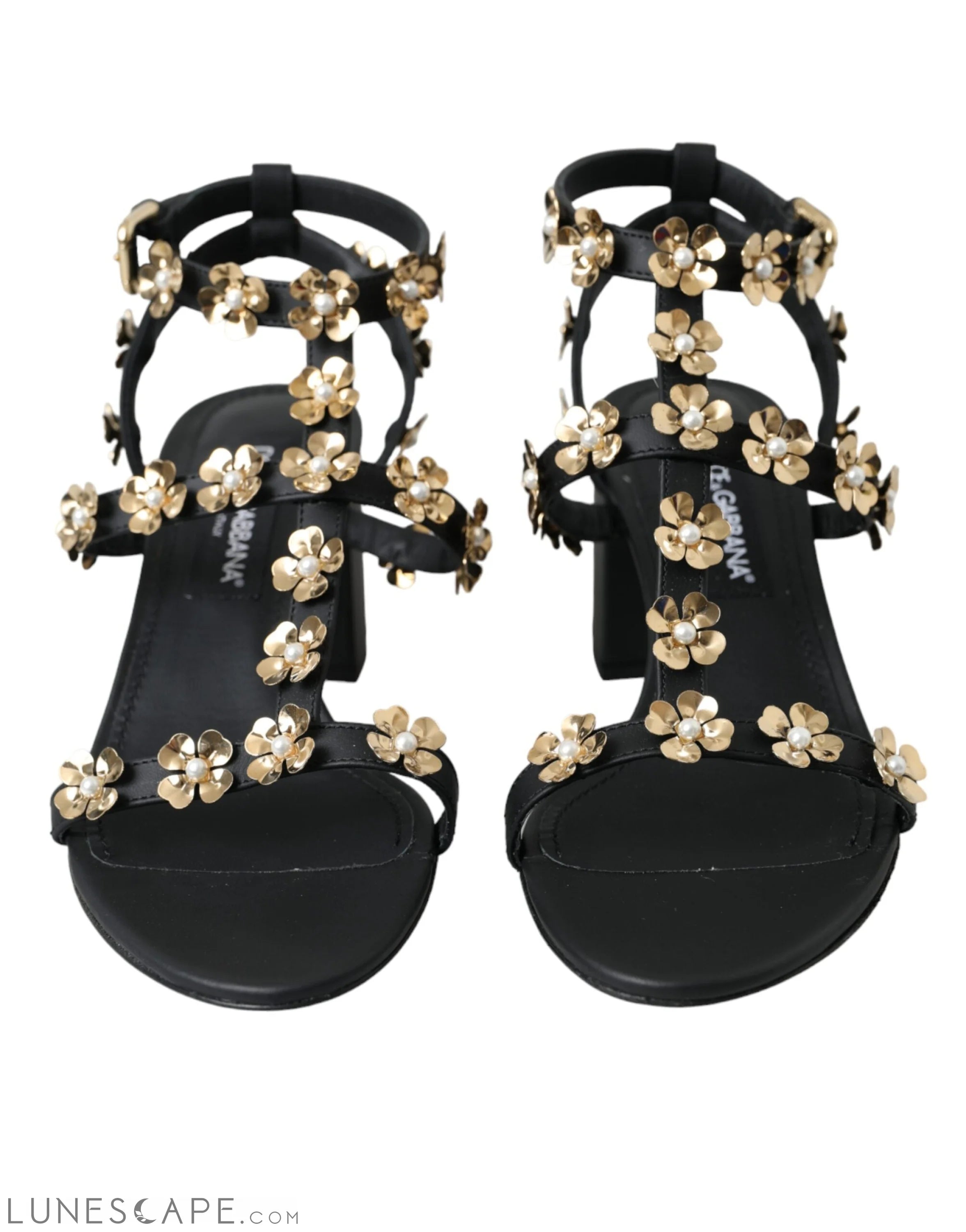 Dolce & Gabbana Black Leather Embellished Heel Sandal Shoes LUNESCAPE