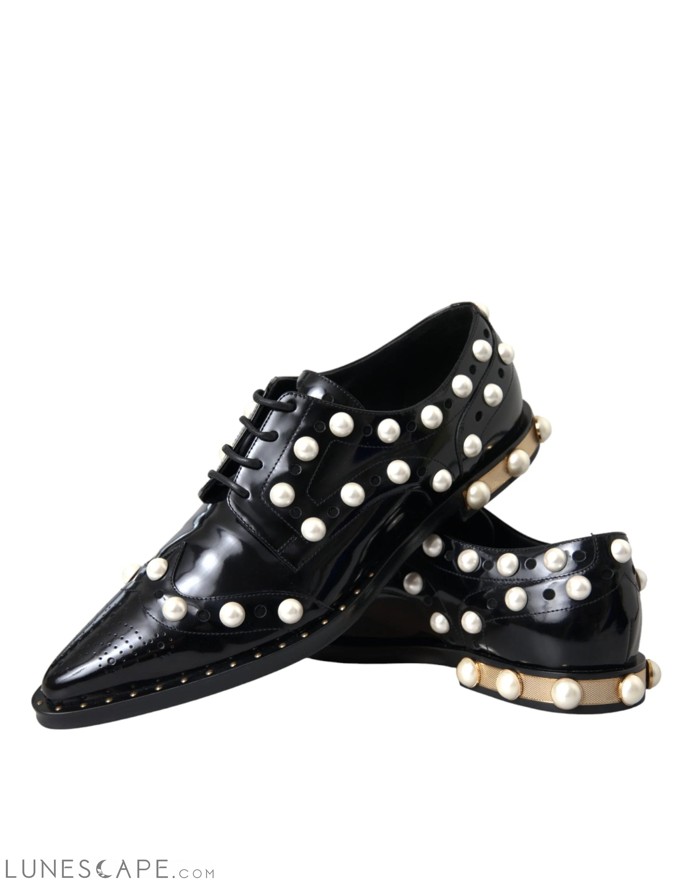 Dolce & Gabbana Black Leather Faux Pearl Dress Broque Shoes LUNESCAPE