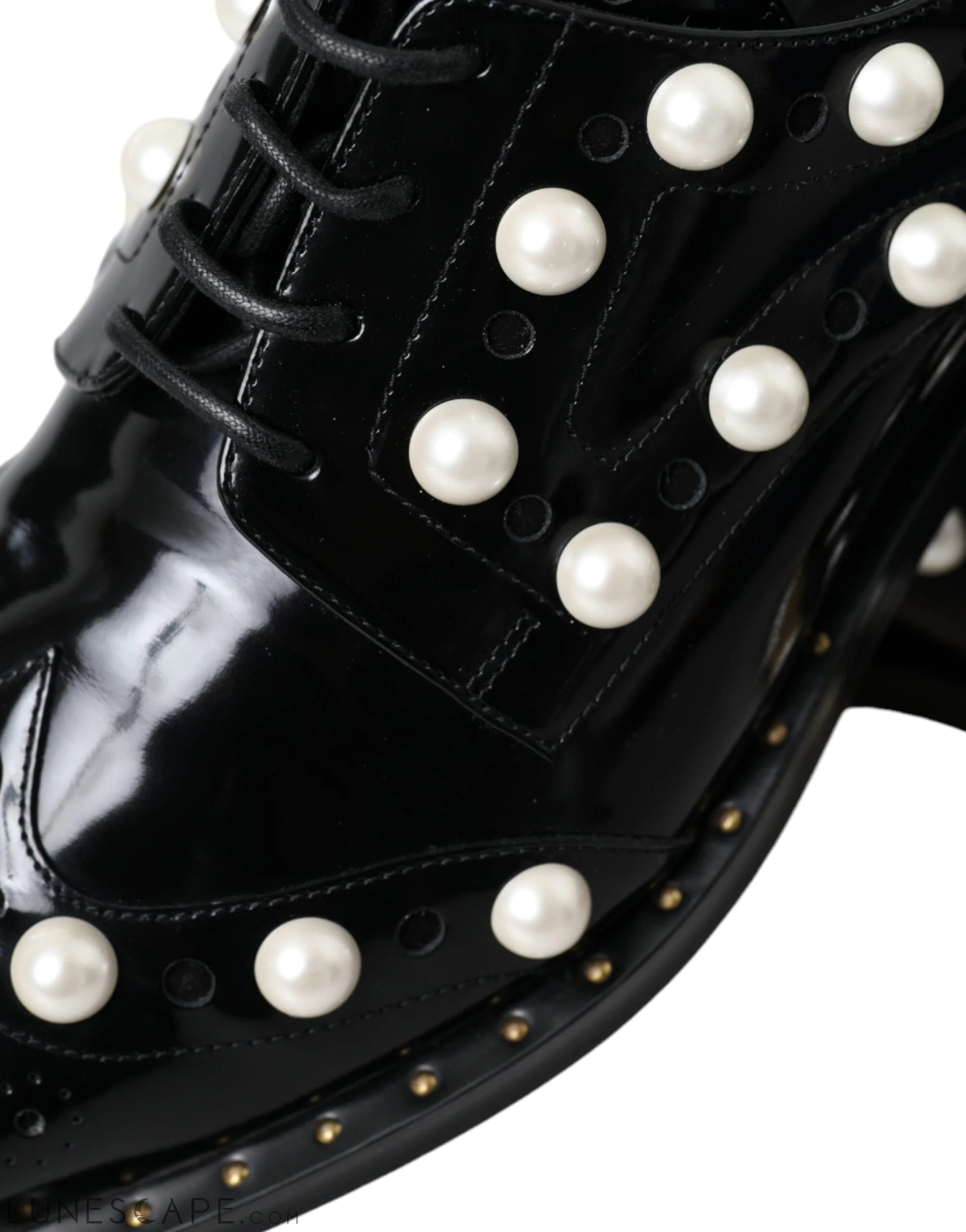 Dolce & Gabbana Black Leather Faux Pearl Dress Broque Shoes LUNESCAPE