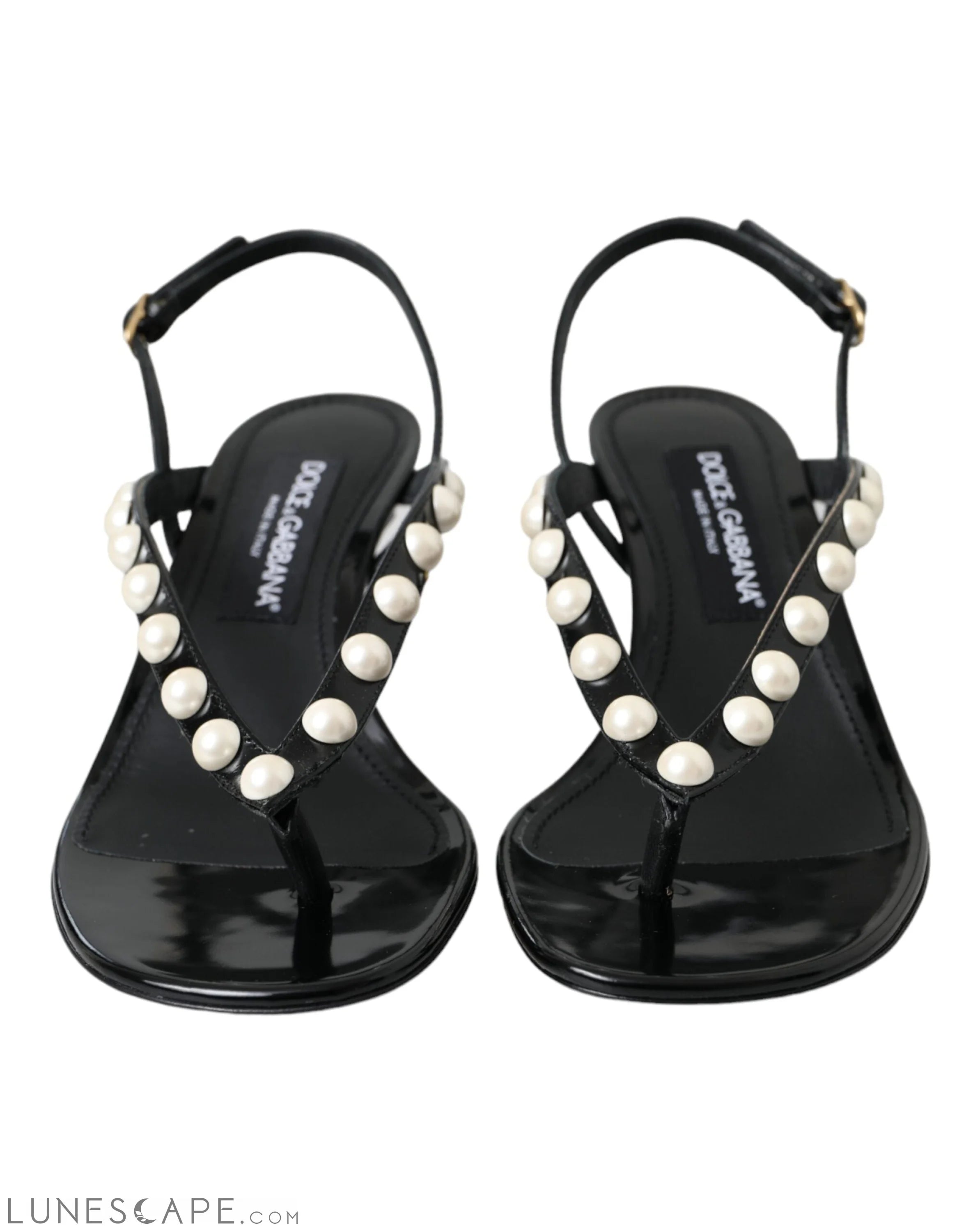 Dolce & Gabbana Black Leather Faux Pearl Heel Sandals Shoes LUNESCAPE