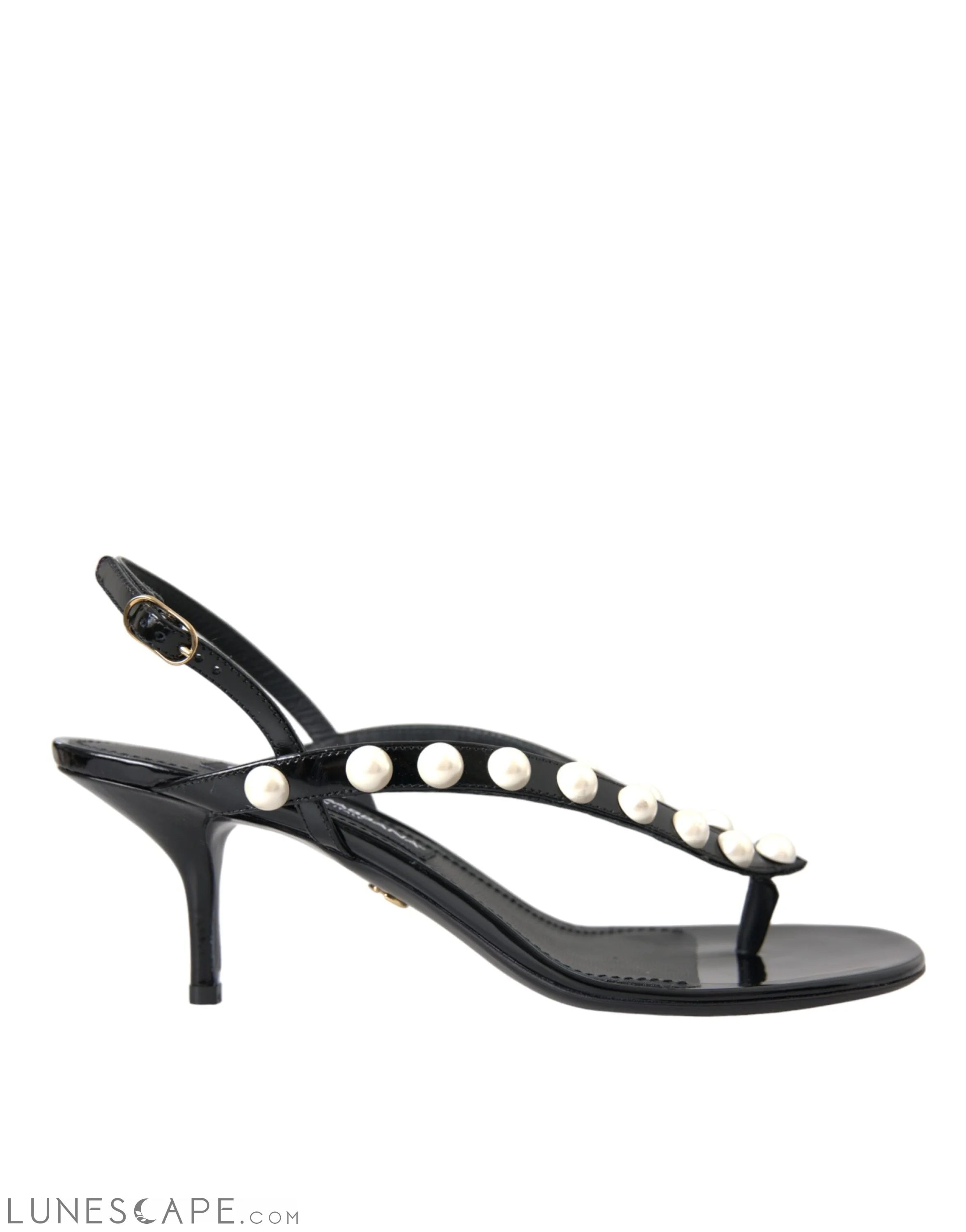 Dolce & Gabbana Black Leather Faux Pearl Heel Sandals Shoes LUNESCAPE