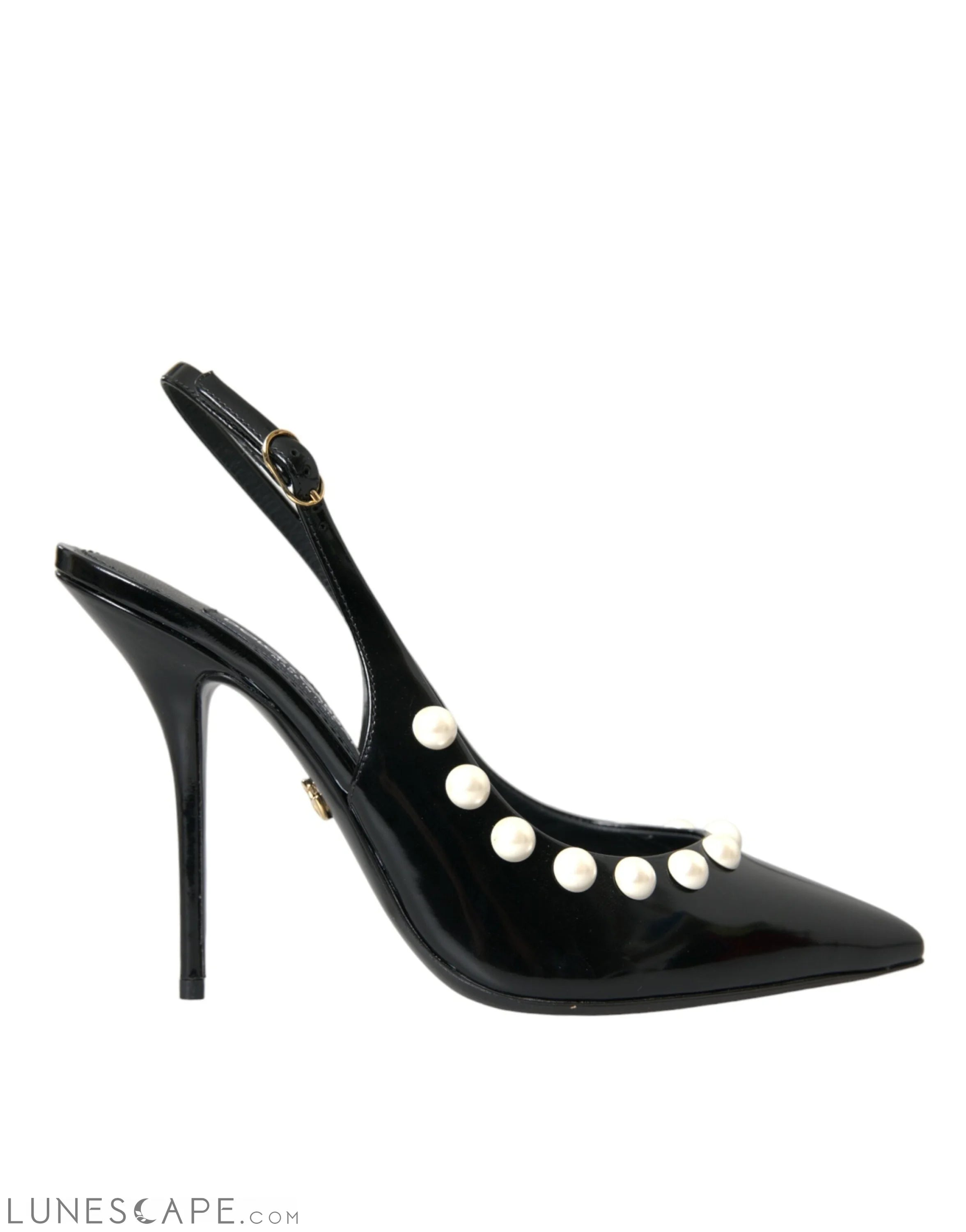 Dolce & Gabbana Black Leather Faux Pearl Heel Slingback Shoes LUNESCAPE