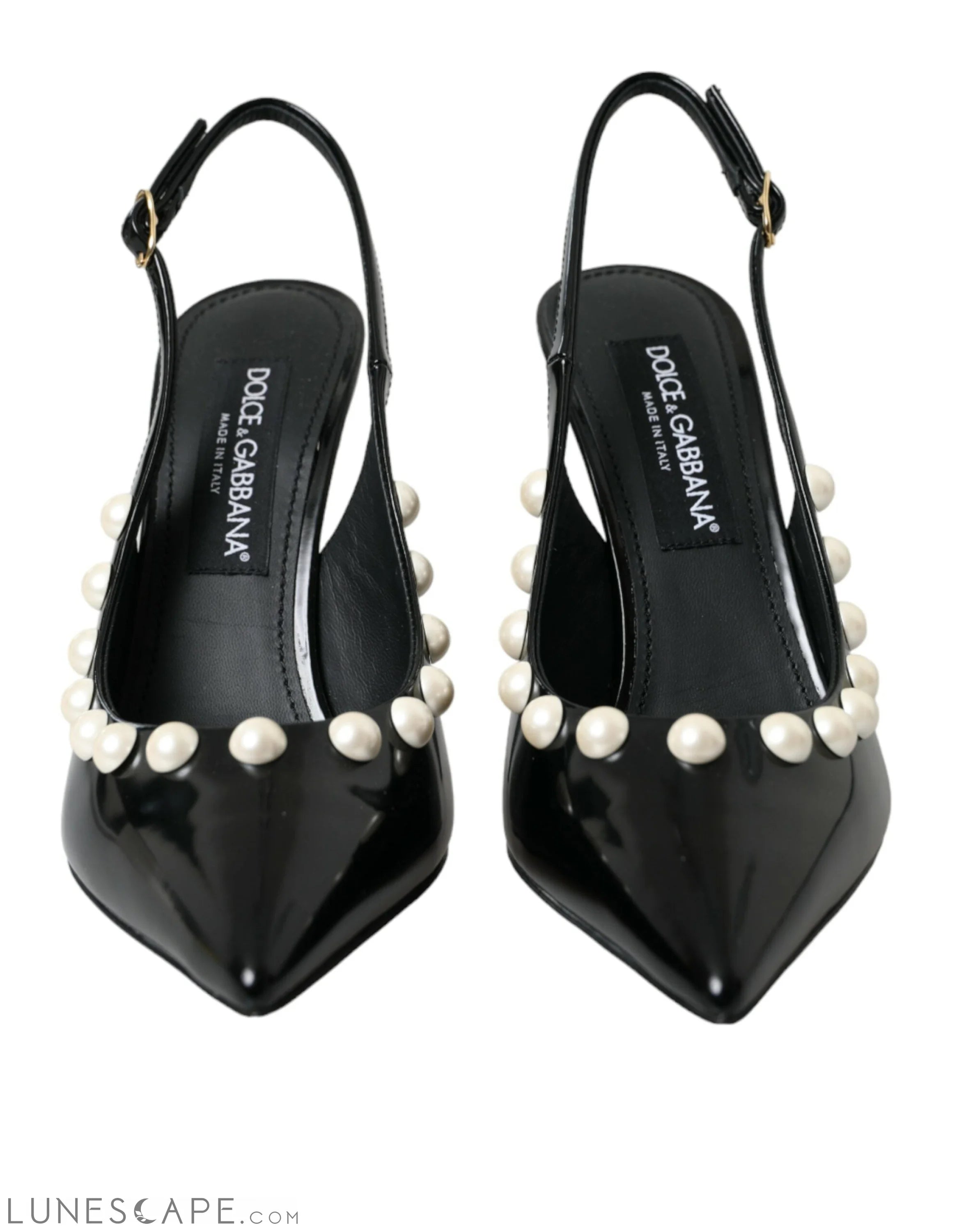 Dolce & Gabbana Black Leather Faux Pearl Heel Slingback Shoes LUNESCAPE