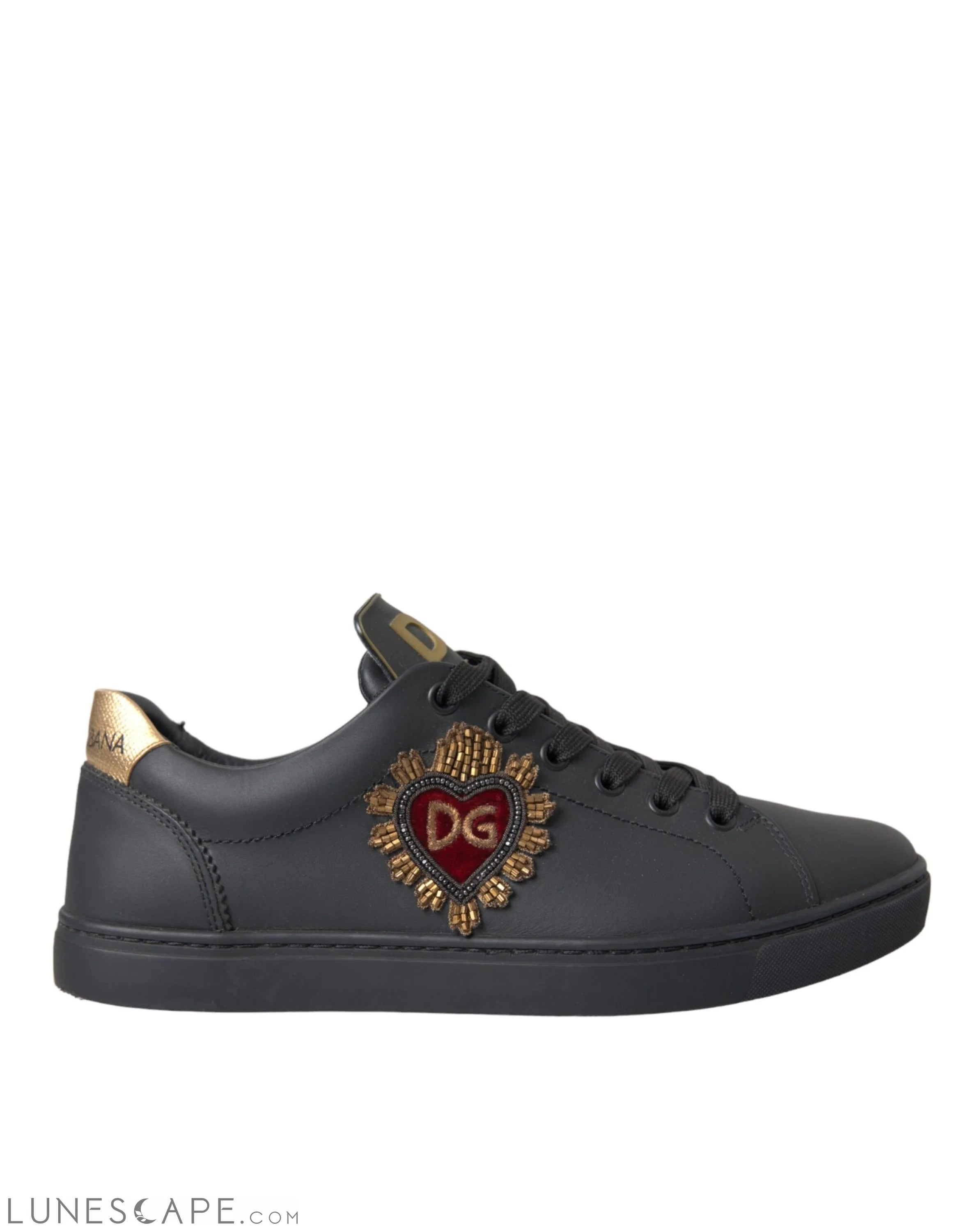 Dolce & Gabbana Black Leather Heart Embellished Sneakers Shoes LUNESCAPE