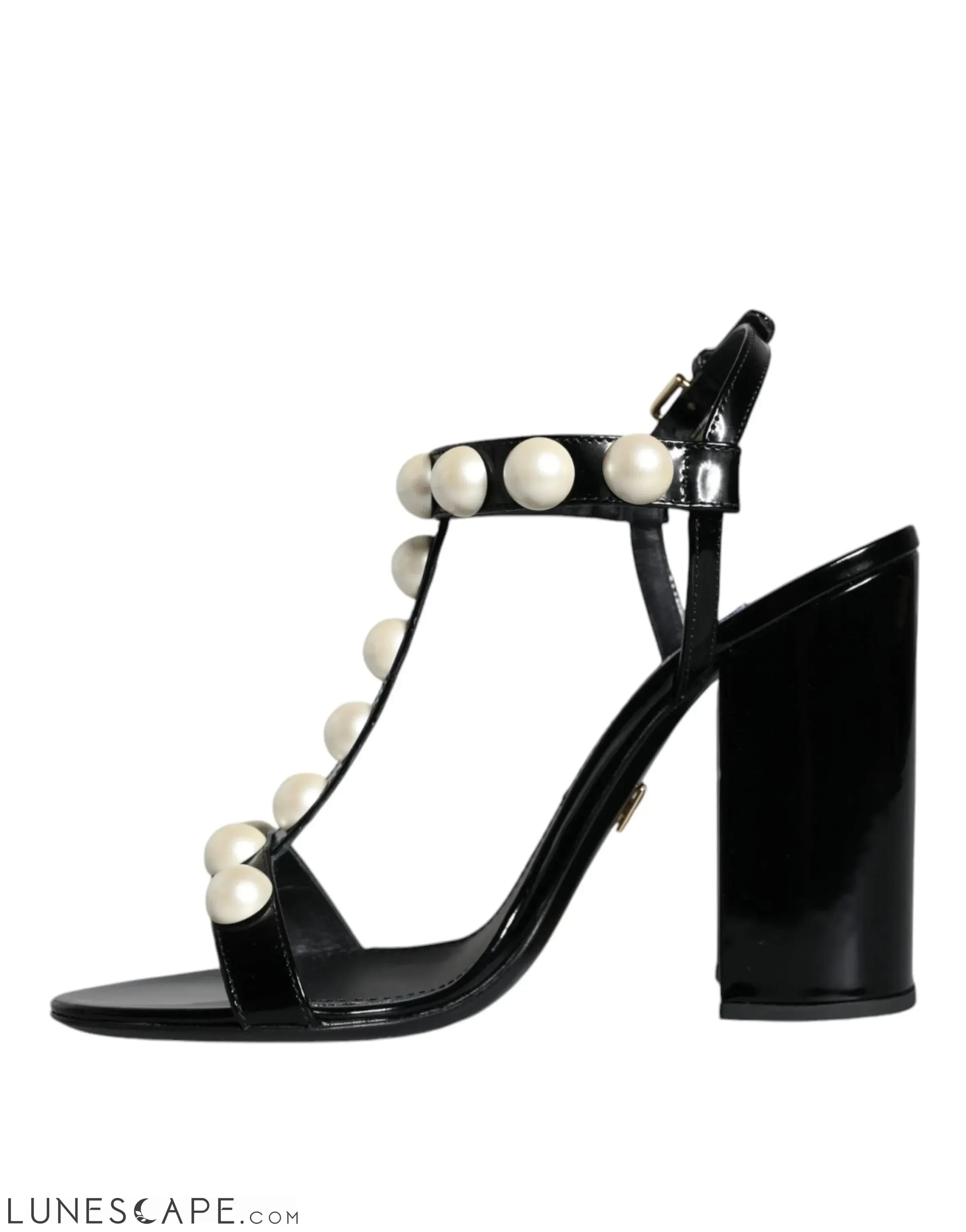 Dolce & Gabbana Black Leather Pearls T-strap Sandals Shoes LUNESCAPE