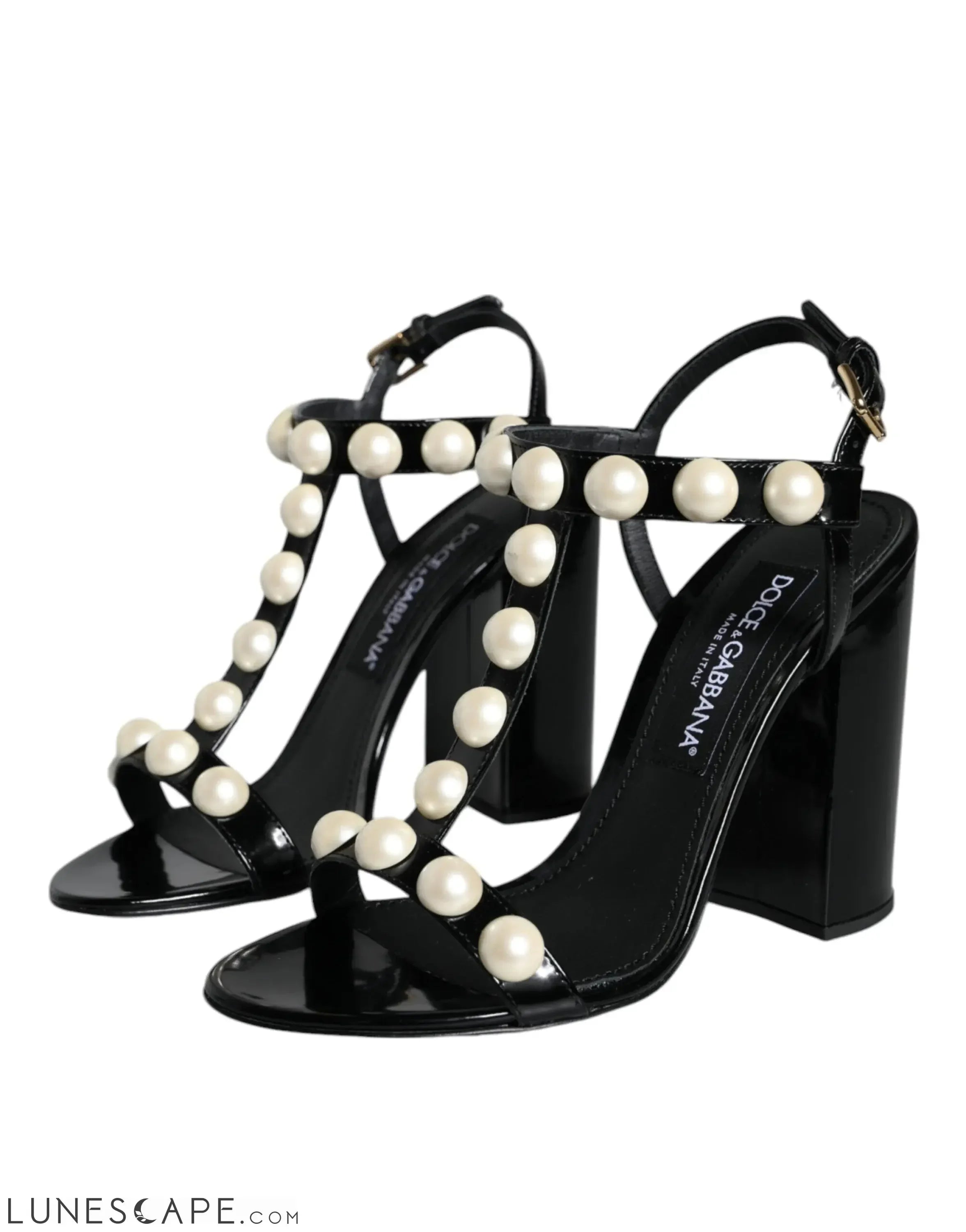 Dolce & Gabbana Black Leather Pearls T-strap Sandals Shoes LUNESCAPE