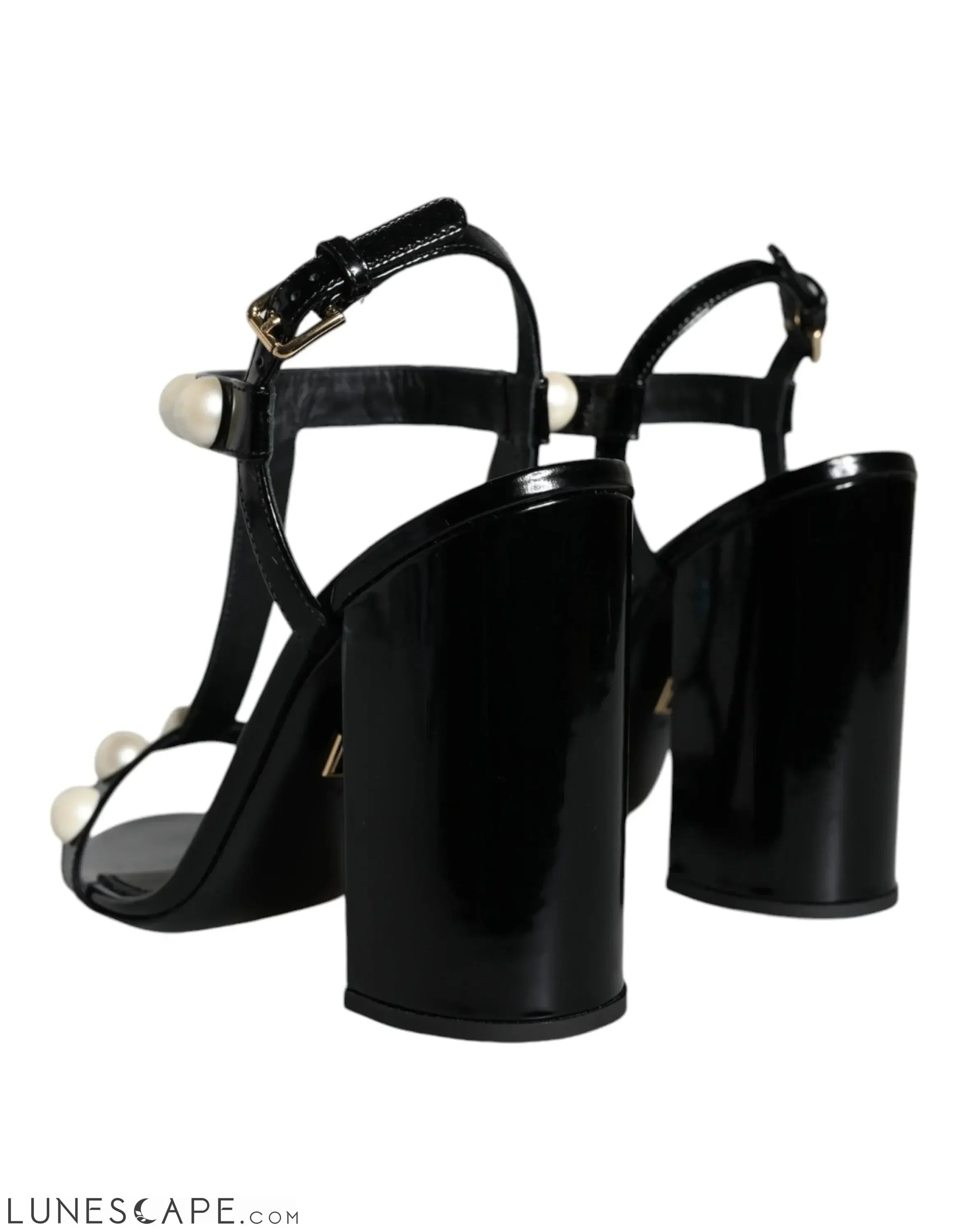 Dolce & Gabbana Black Leather Pearls T-strap Sandals Shoes LUNESCAPE