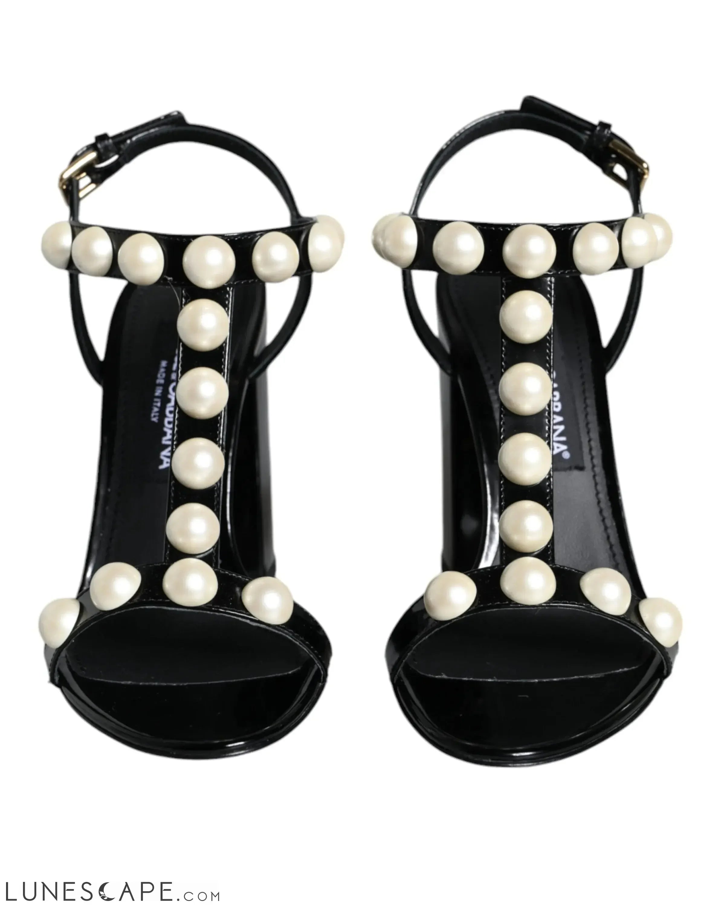 Dolce & Gabbana Black Leather Pearls T-strap Sandals Shoes LUNESCAPE