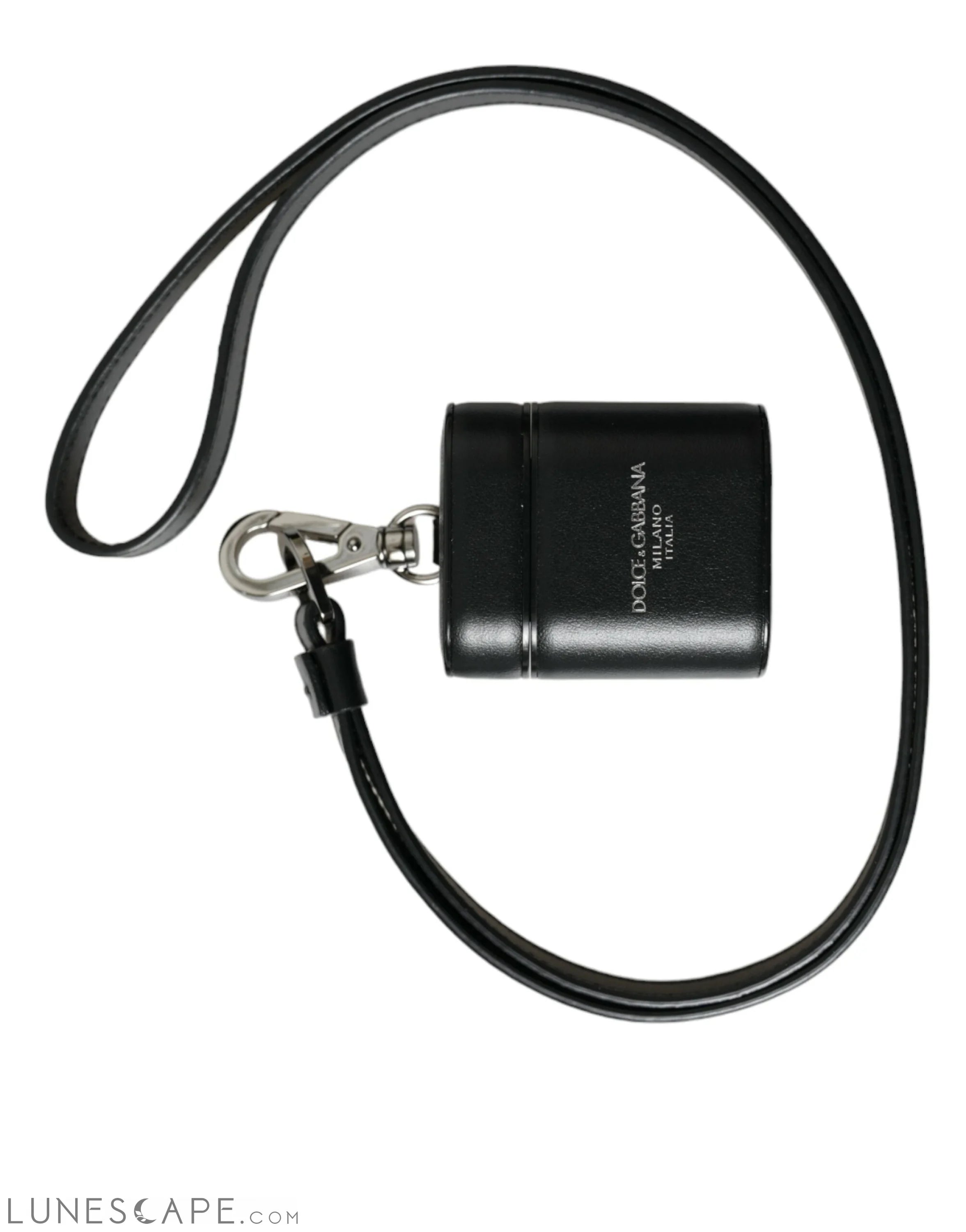 Dolce & Gabbana Black Leather Strap Silver Metal Logo Printed Airpods Case LUNESCAPE