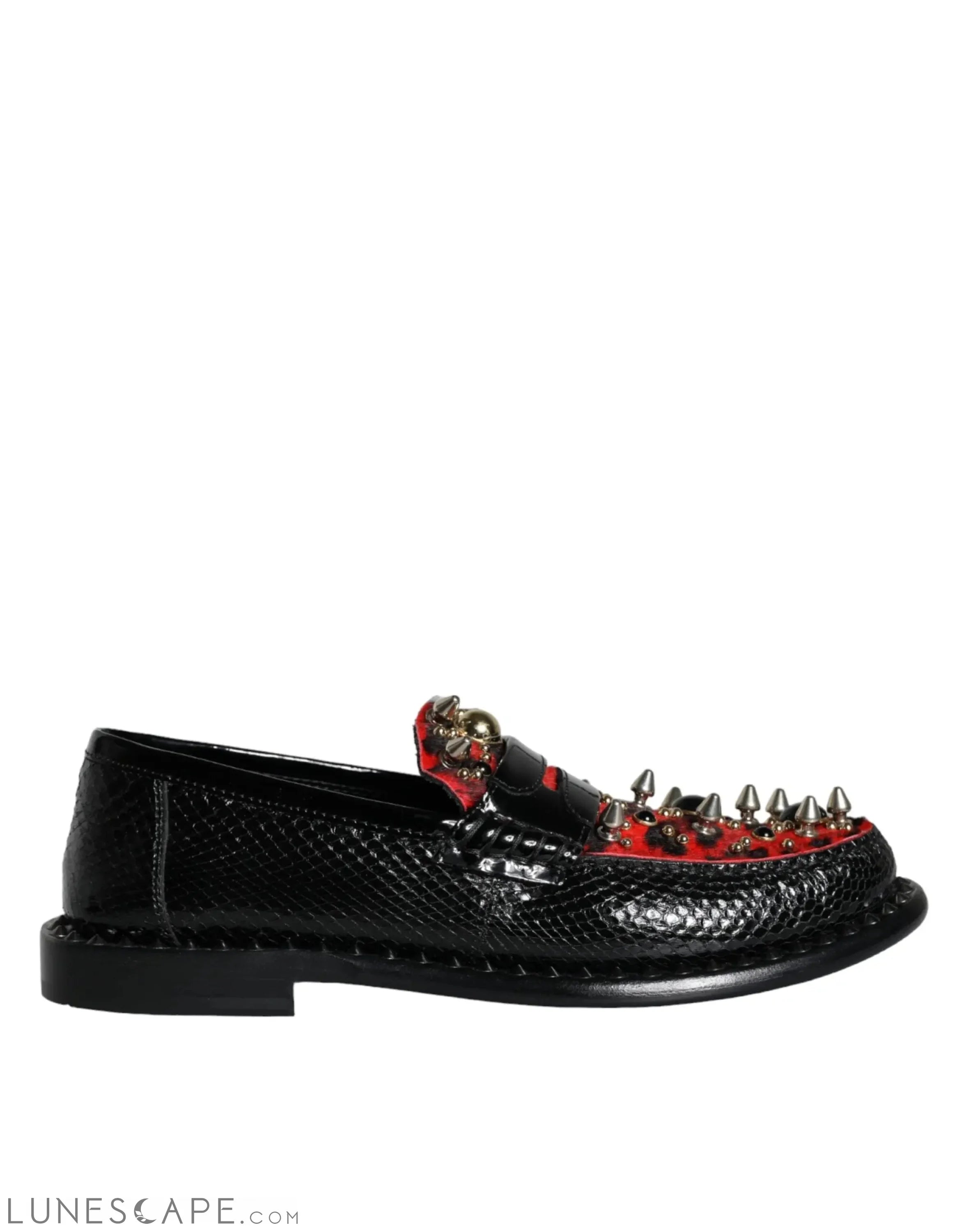 Dolce & Gabbana Black Leopard Print Studs Leather Loafers Shoes LUNESCAPE