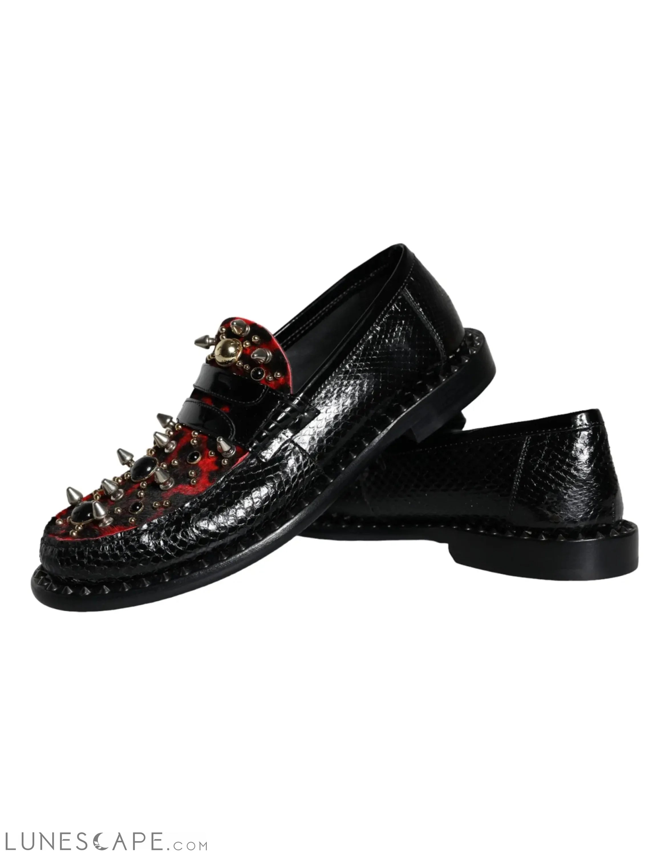 Dolce & Gabbana Black Leopard Print Studs Leather Loafers Shoes LUNESCAPE