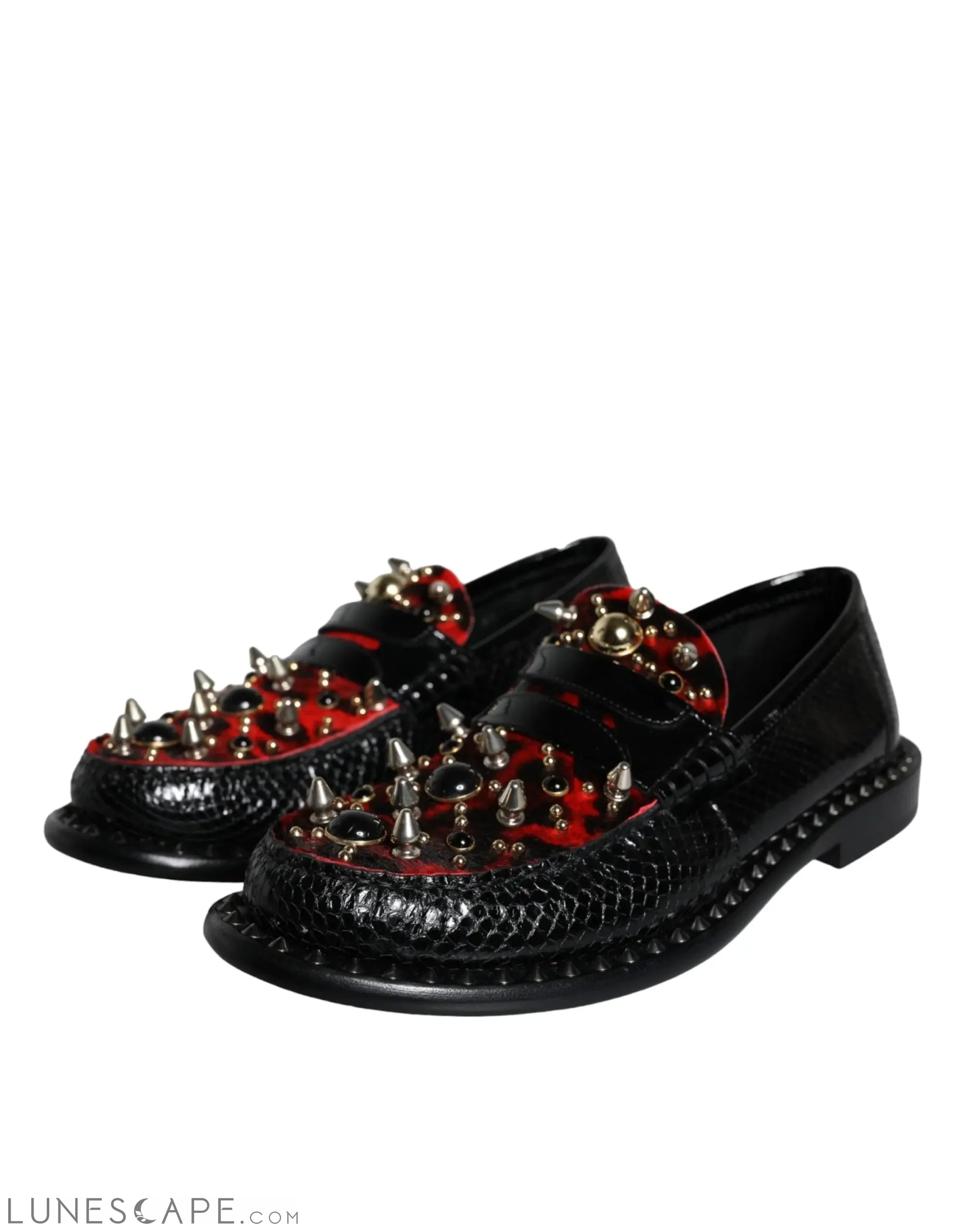 Dolce & Gabbana Black Leopard Print Studs Leather Loafers Shoes LUNESCAPE