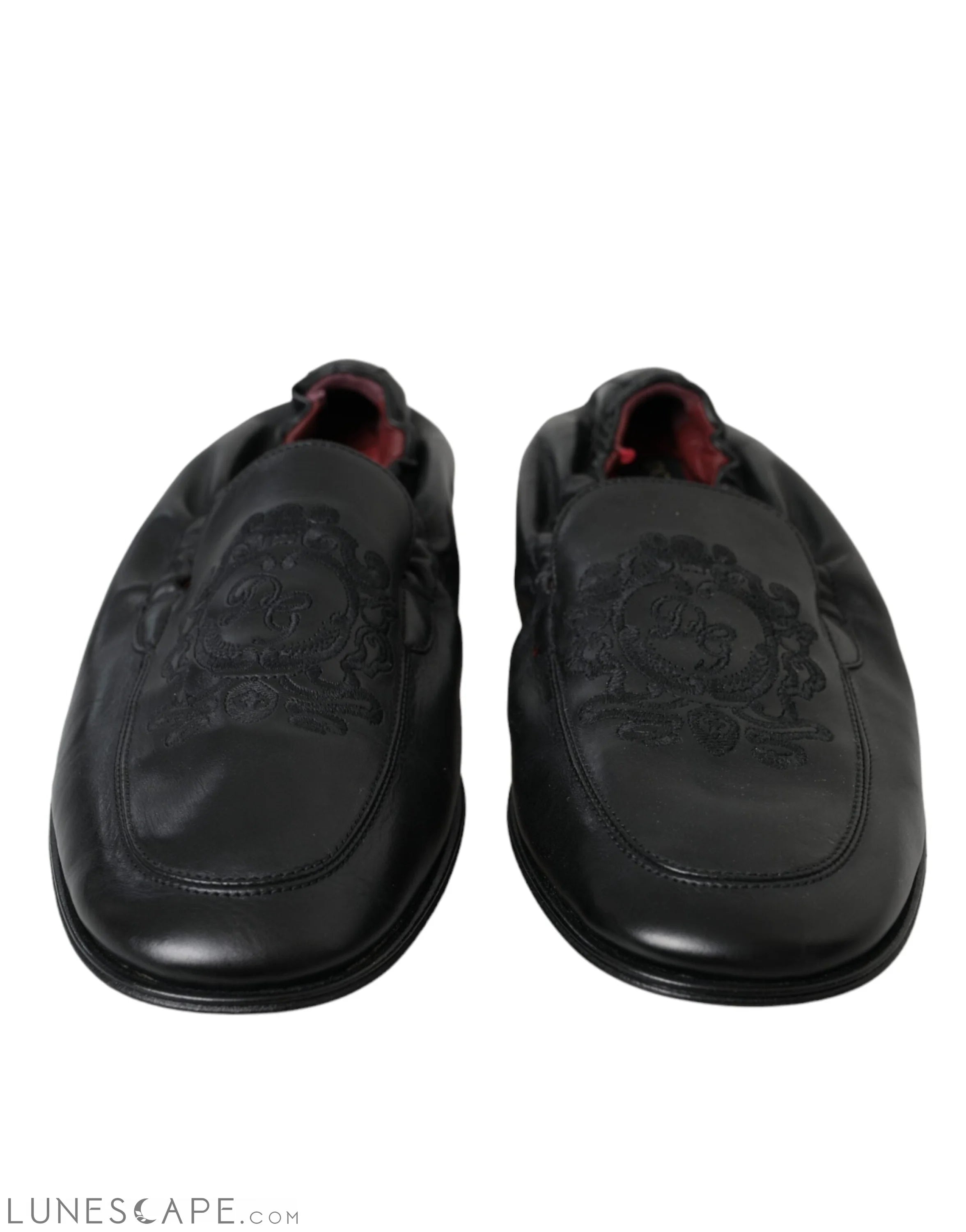 Dolce & Gabbana Black Logo Embroidered Leather Loafer Men Dress Shoes LUNESCAPE
