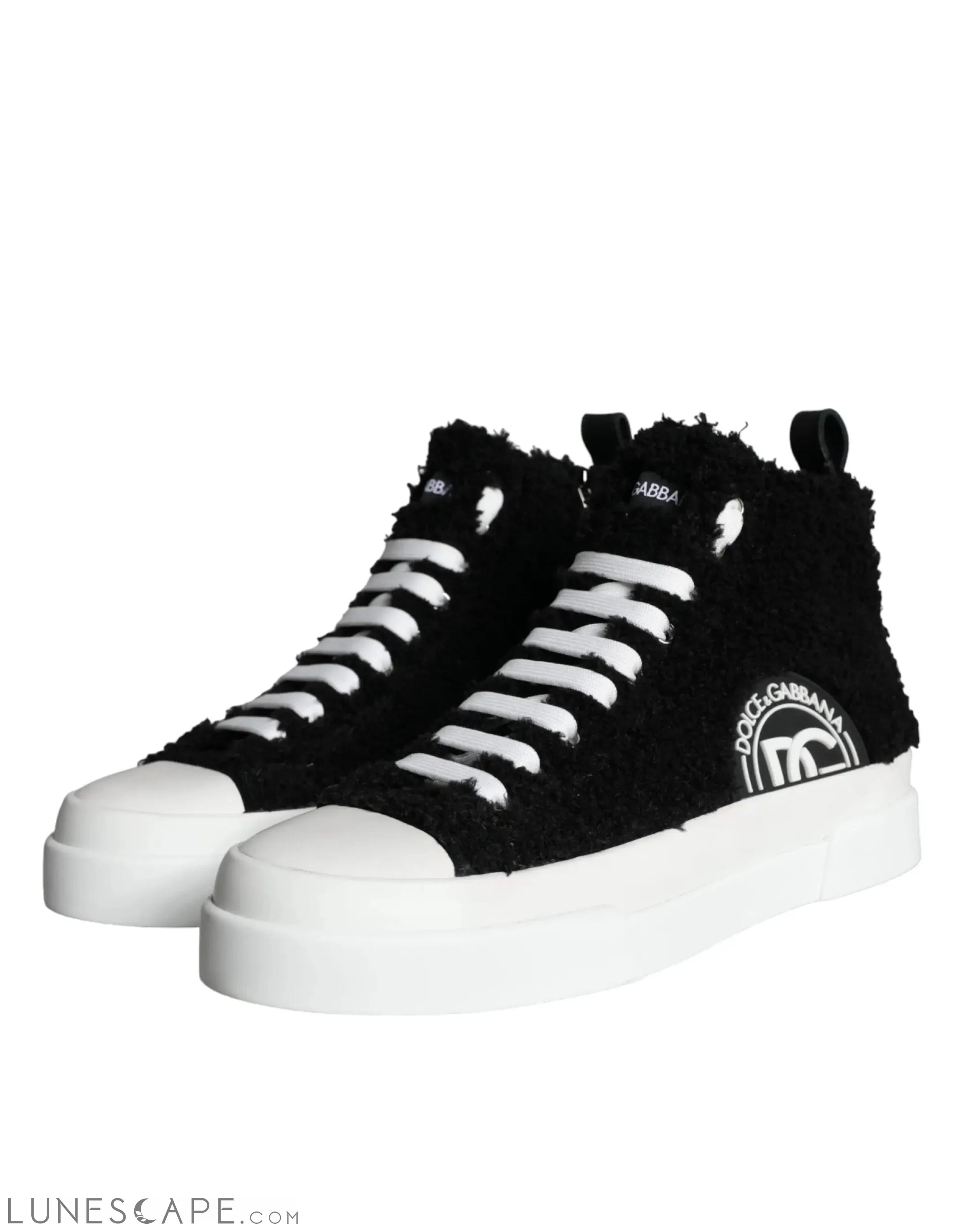 Dolce & Gabbana Black White Fur Logo High Top Sneaker Shoes LUNESCAPE