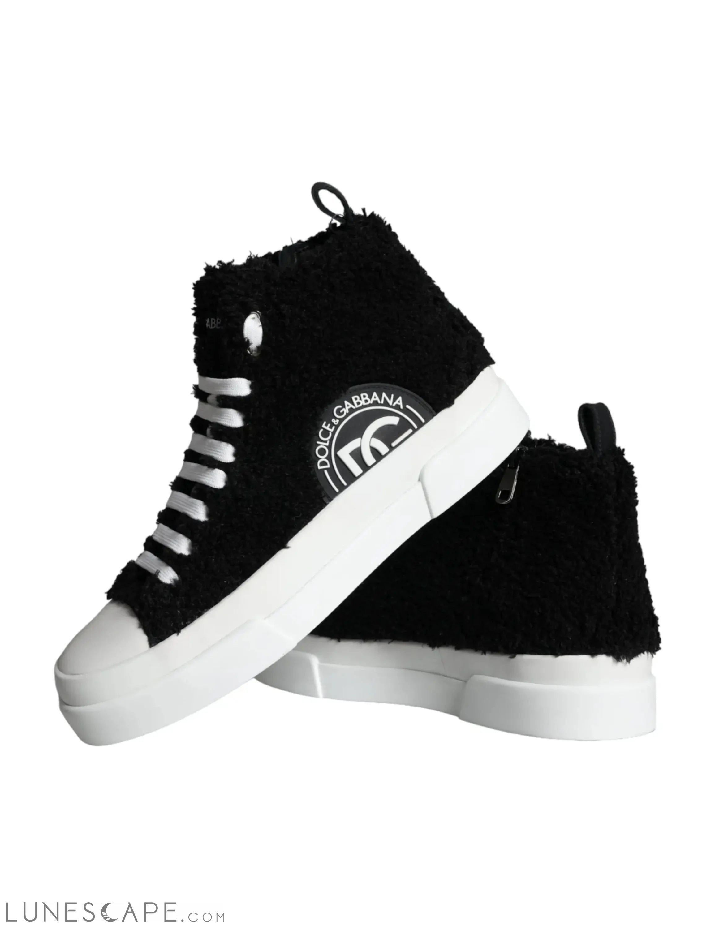 Dolce & Gabbana Black White Fur Logo High Top Sneaker Shoes LUNESCAPE