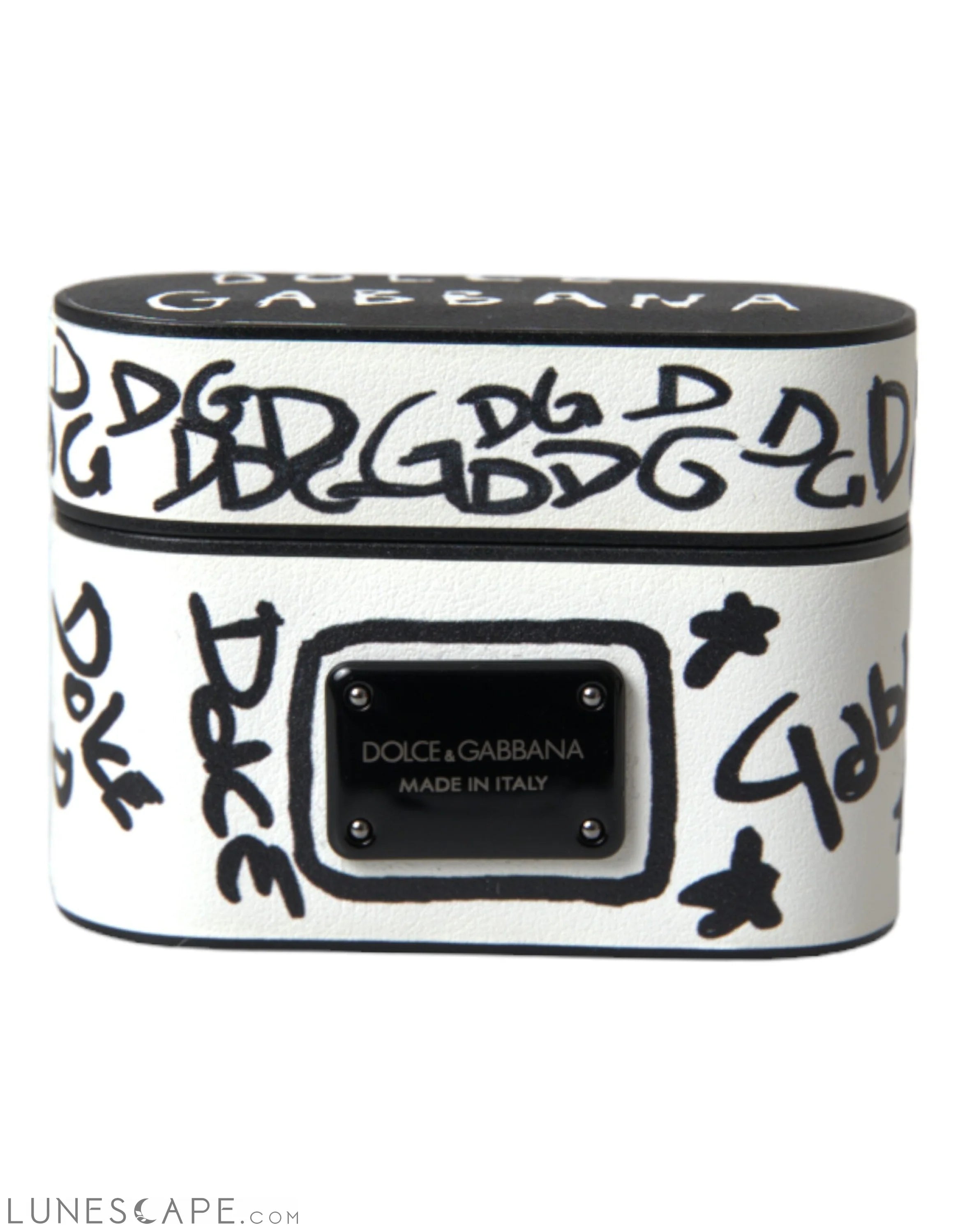 Dolce & Gabbana Black White Leather Scribble Embossed Logo Airpods Case LUNESCAPE