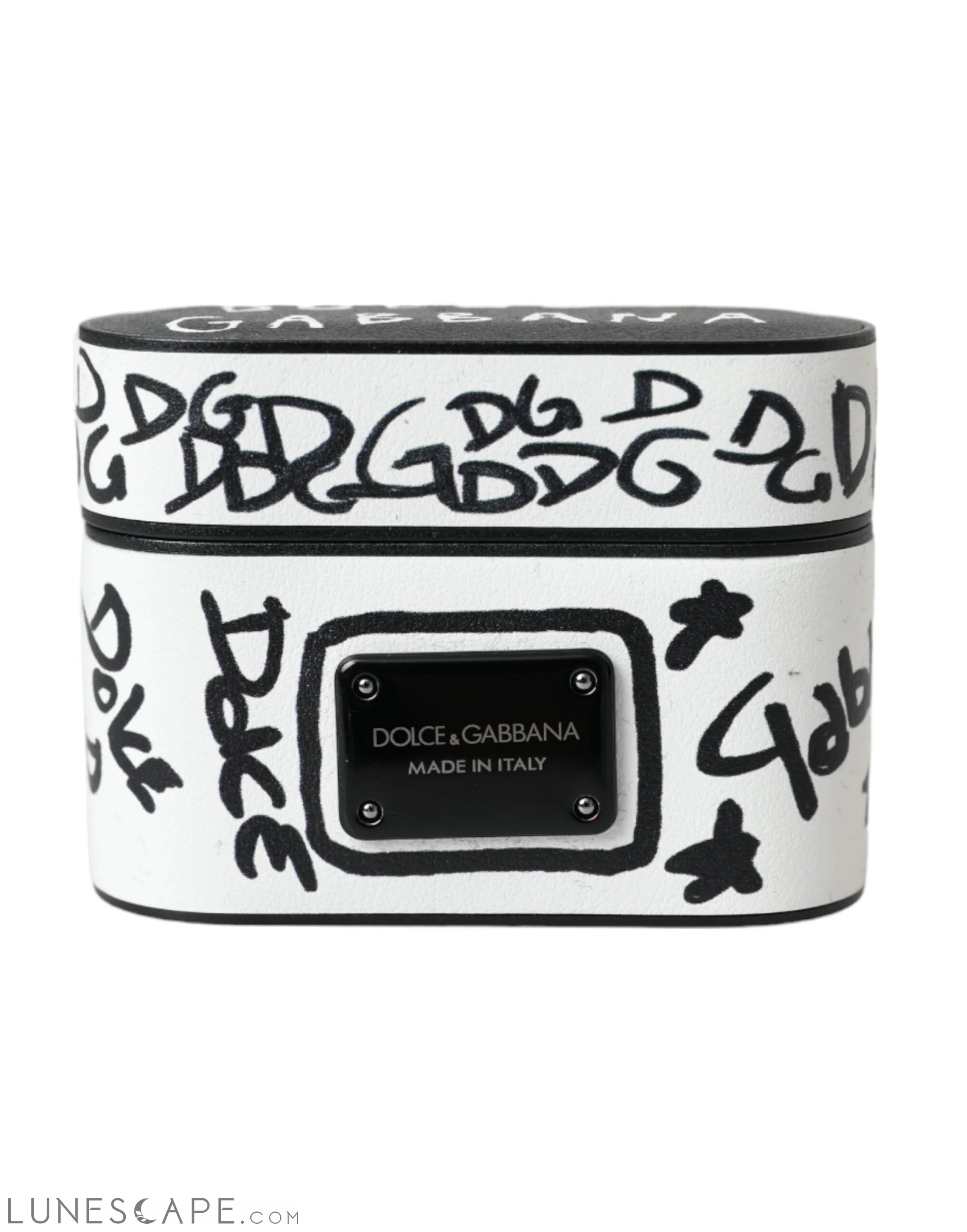 Dolce & Gabbana Black White Leather Scribble Embossed Logo Airpods Case LUNESCAPE