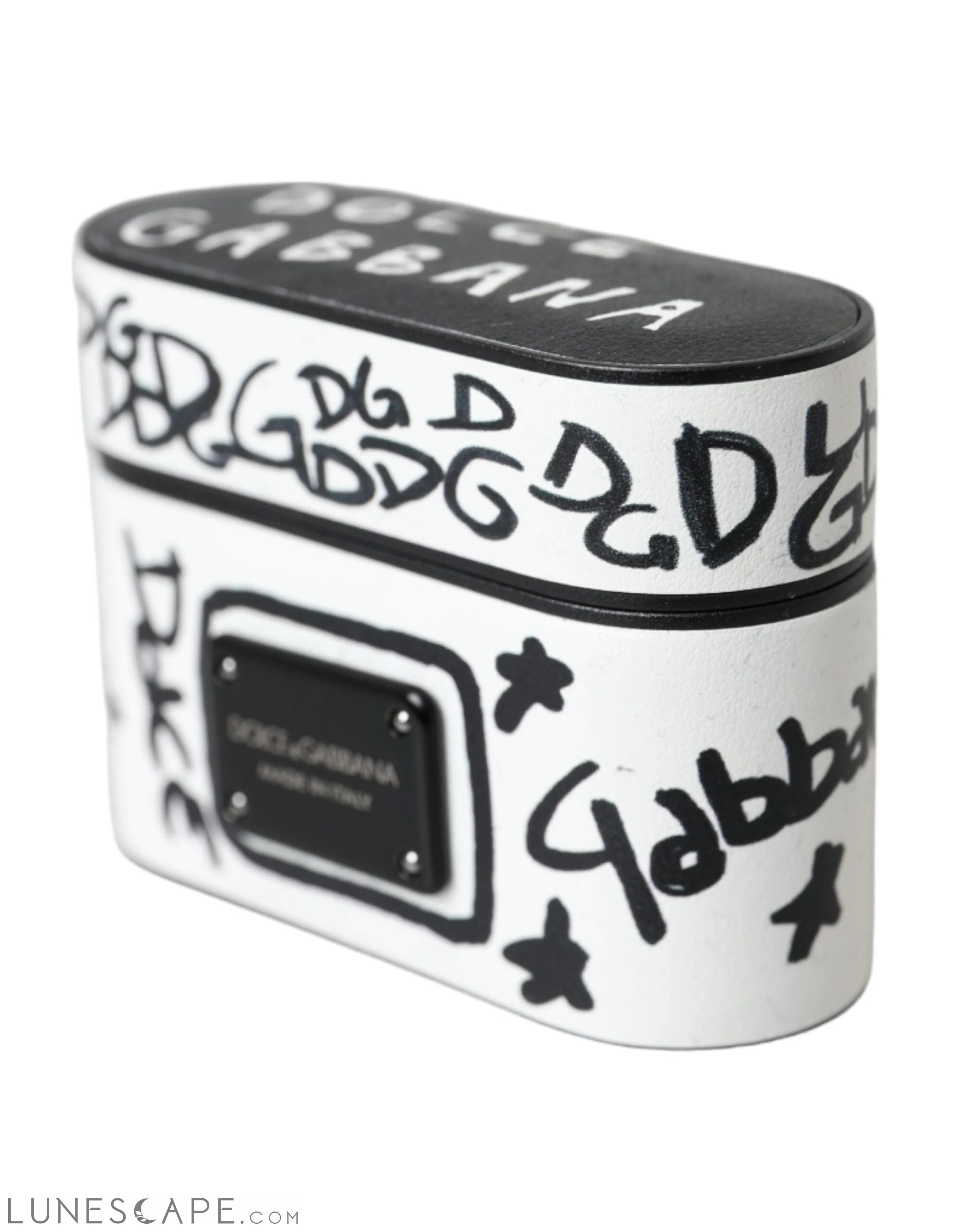 Dolce & Gabbana Black White Leather Scribble Embossed Logo Airpods Case LUNESCAPE