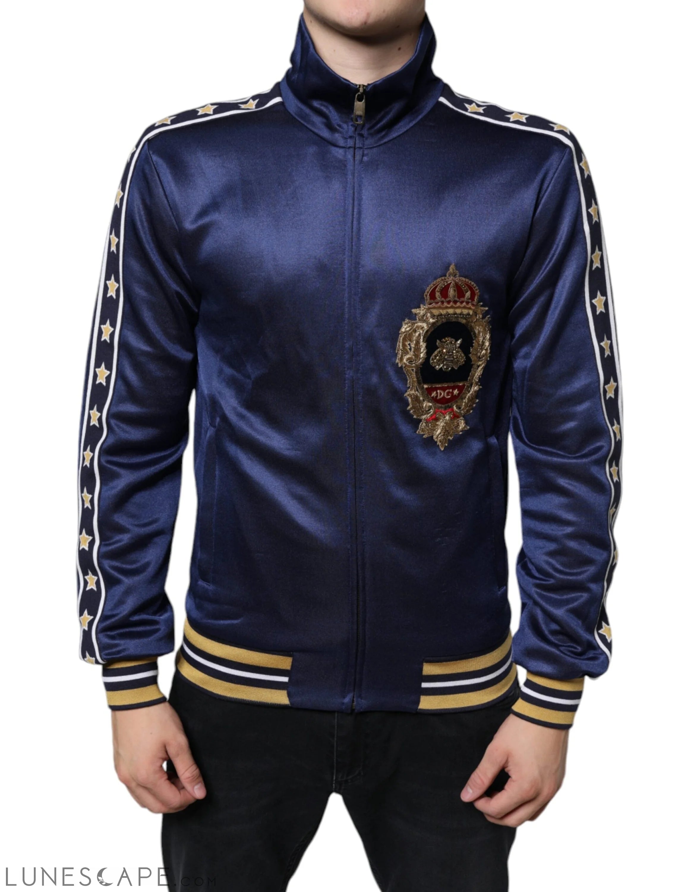 Dolce & Gabbana Blue Heraldic Patch Stripe King Bee Sweater LUNESCAPE