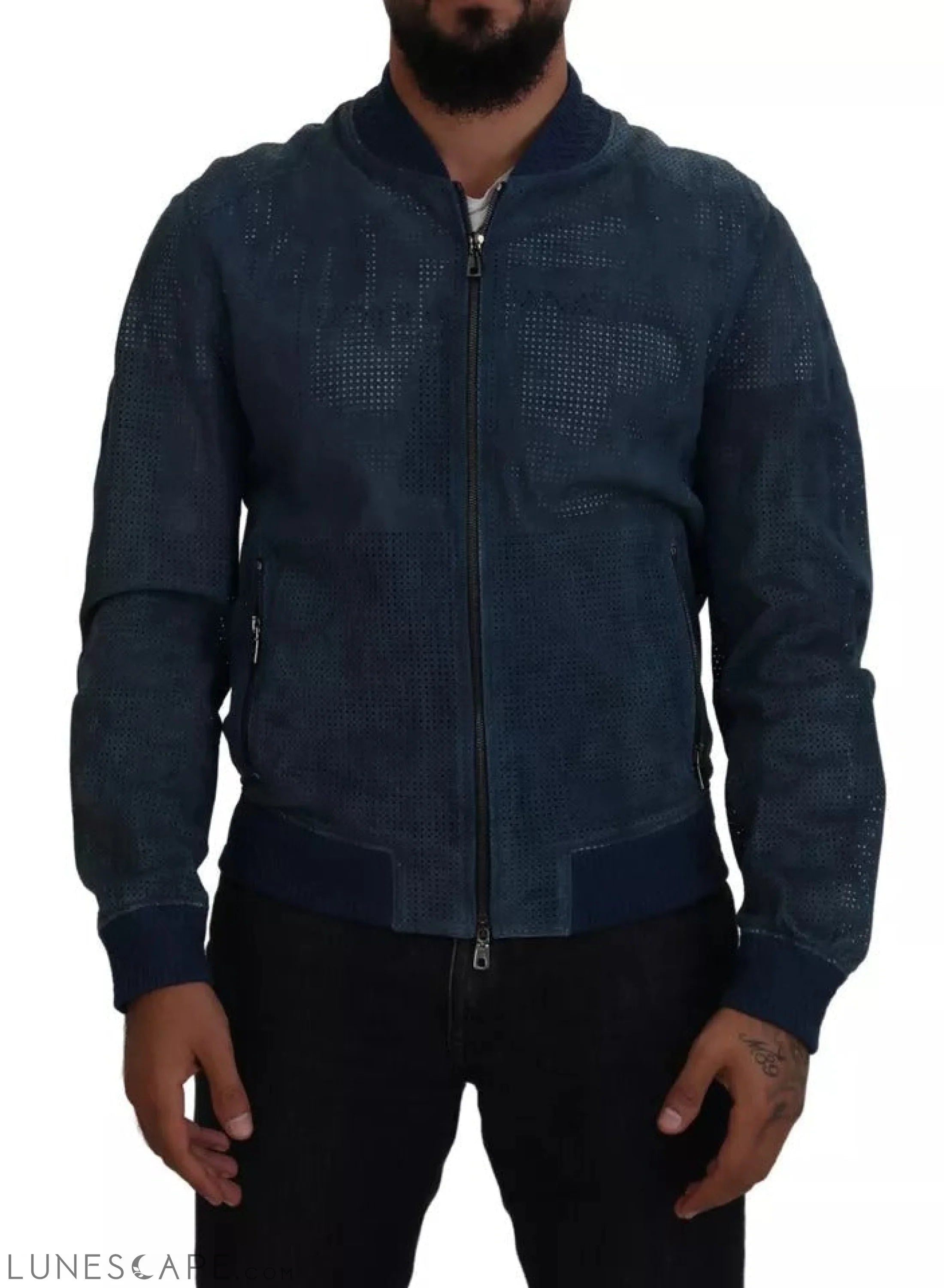 Dolce & Gabbana Blue Leather Perforated Full Zip Jacket LUNESCAPE