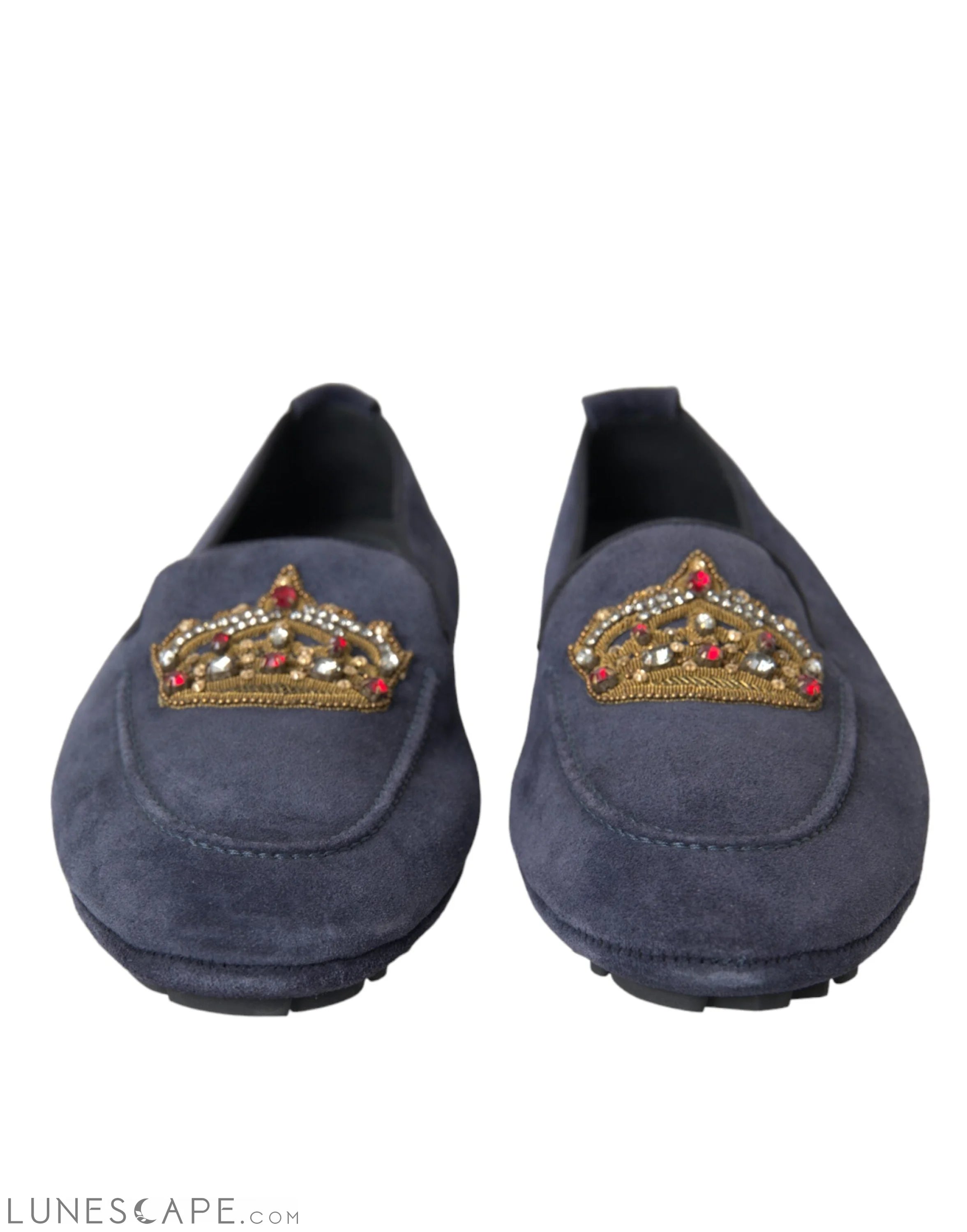 Dolce & Gabbana Blue Leather Suede Crystal Crown Loafers Shoes LUNESCAPE