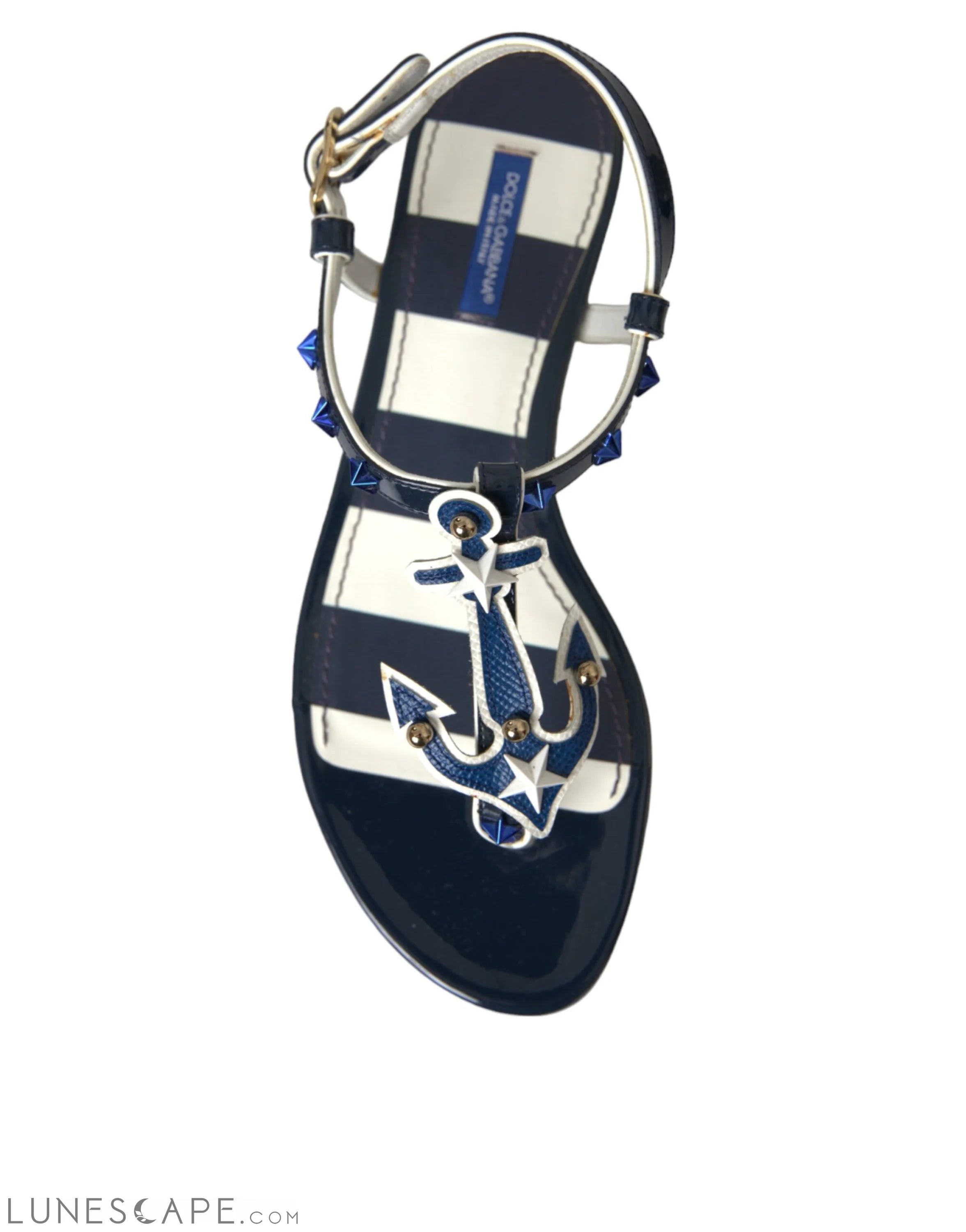 Dolce & Gabbana Blue Stripes Leather Studded Flats Sandals Shoes LUNESCAPE