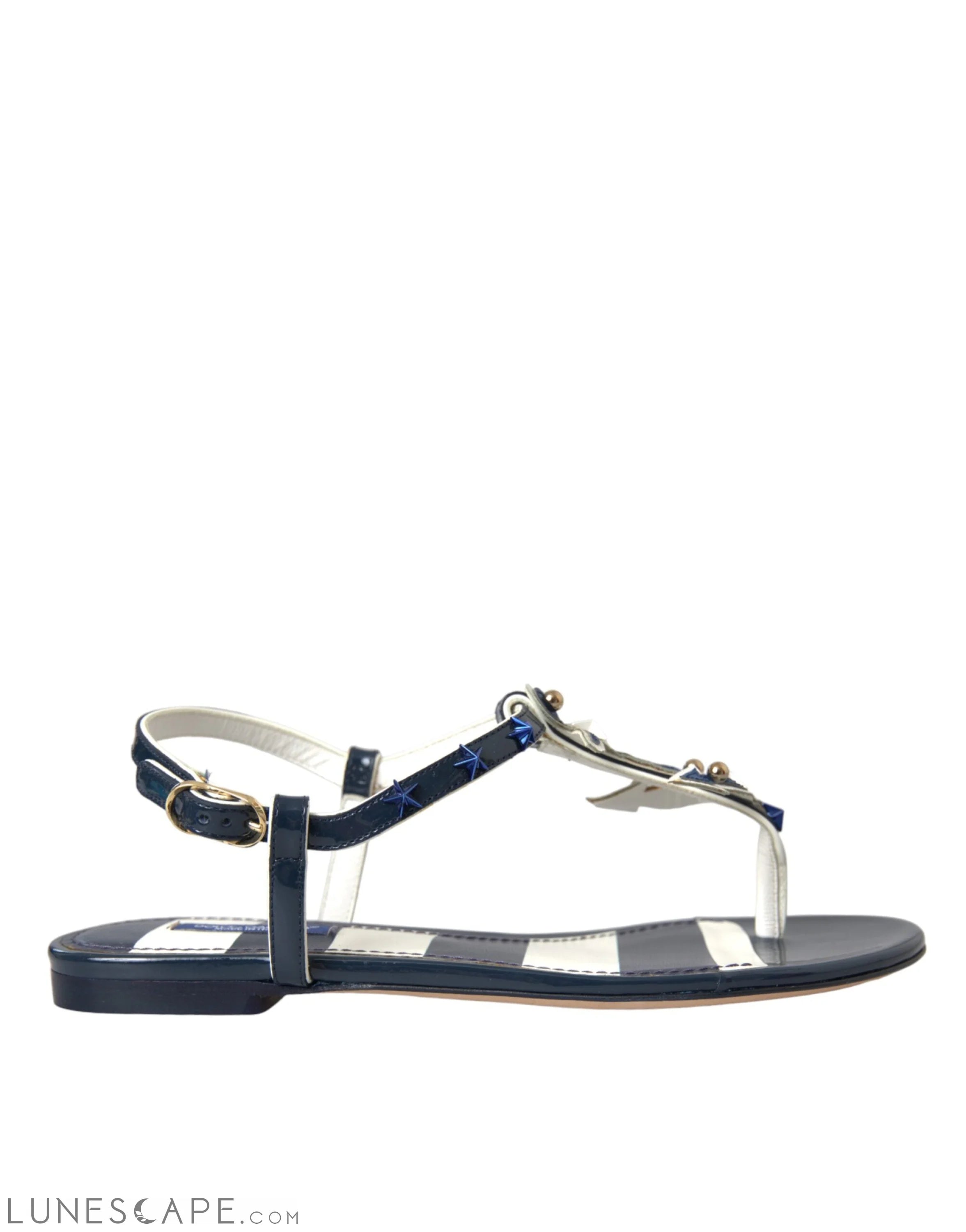 Dolce & Gabbana Blue Stripes Leather Studded Flats Sandals Shoes LUNESCAPE