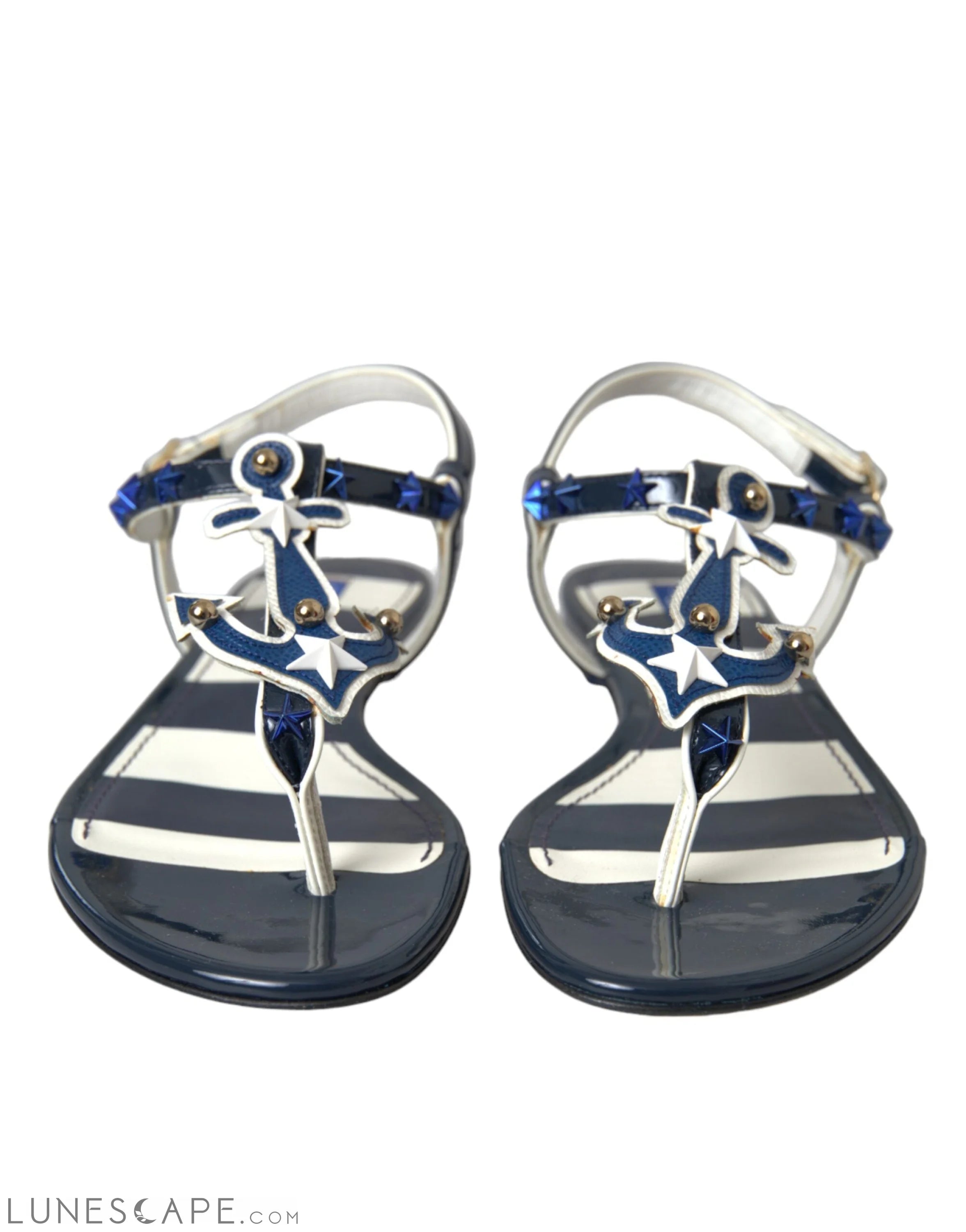 Dolce & Gabbana Blue Stripes Leather Studded Flats Sandals Shoes LUNESCAPE