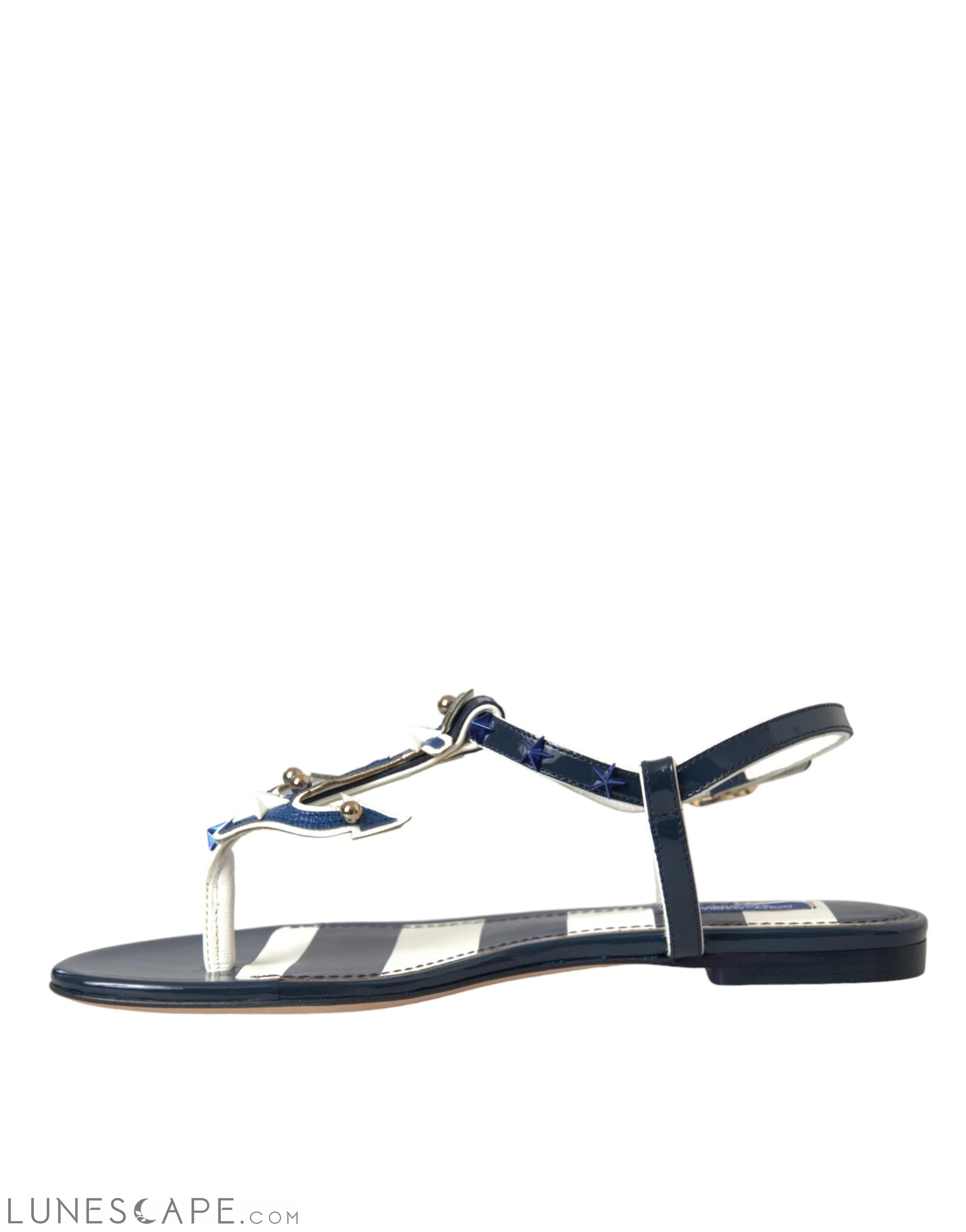 Dolce & Gabbana Blue Stripes Leather Studded Flats Sandals Shoes LUNESCAPE