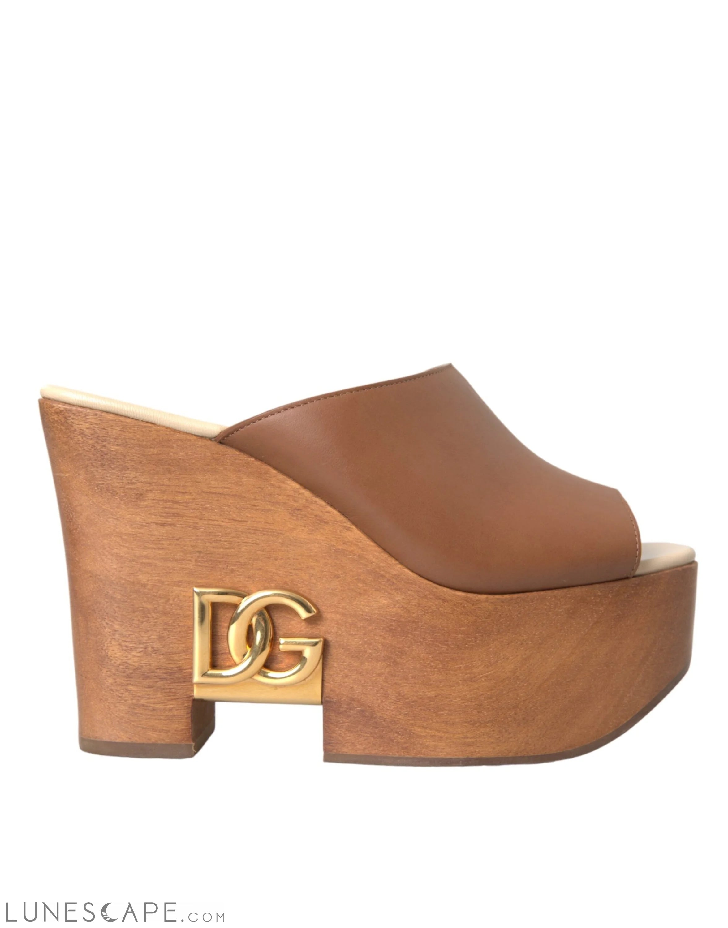 Dolce & Gabbana Brown Leather Wood Mules Wedge Slides Shoes LUNESCAPE