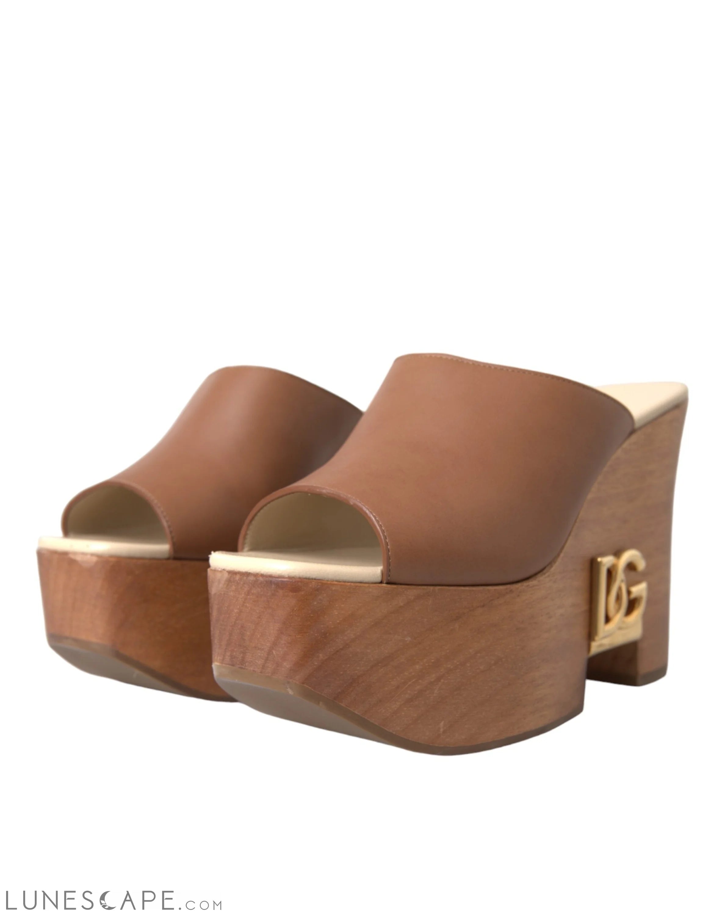 Dolce & Gabbana Brown Leather Wood Mules Wedge Slides Shoes LUNESCAPE