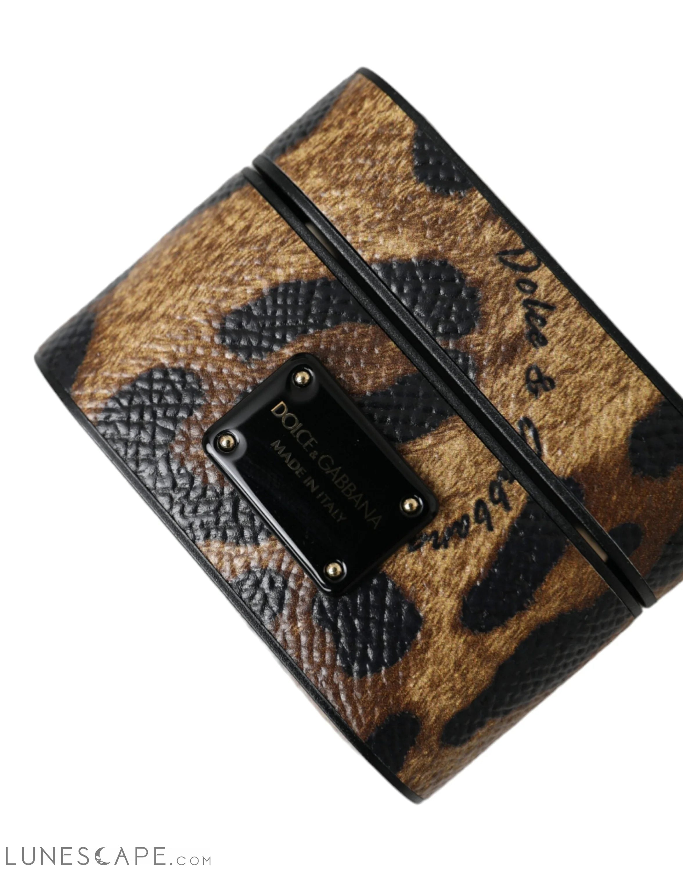 Dolce & Gabbana Brown Leopard Calf Leather Metal Logo Plaque Airpods Case LUNESCAPE