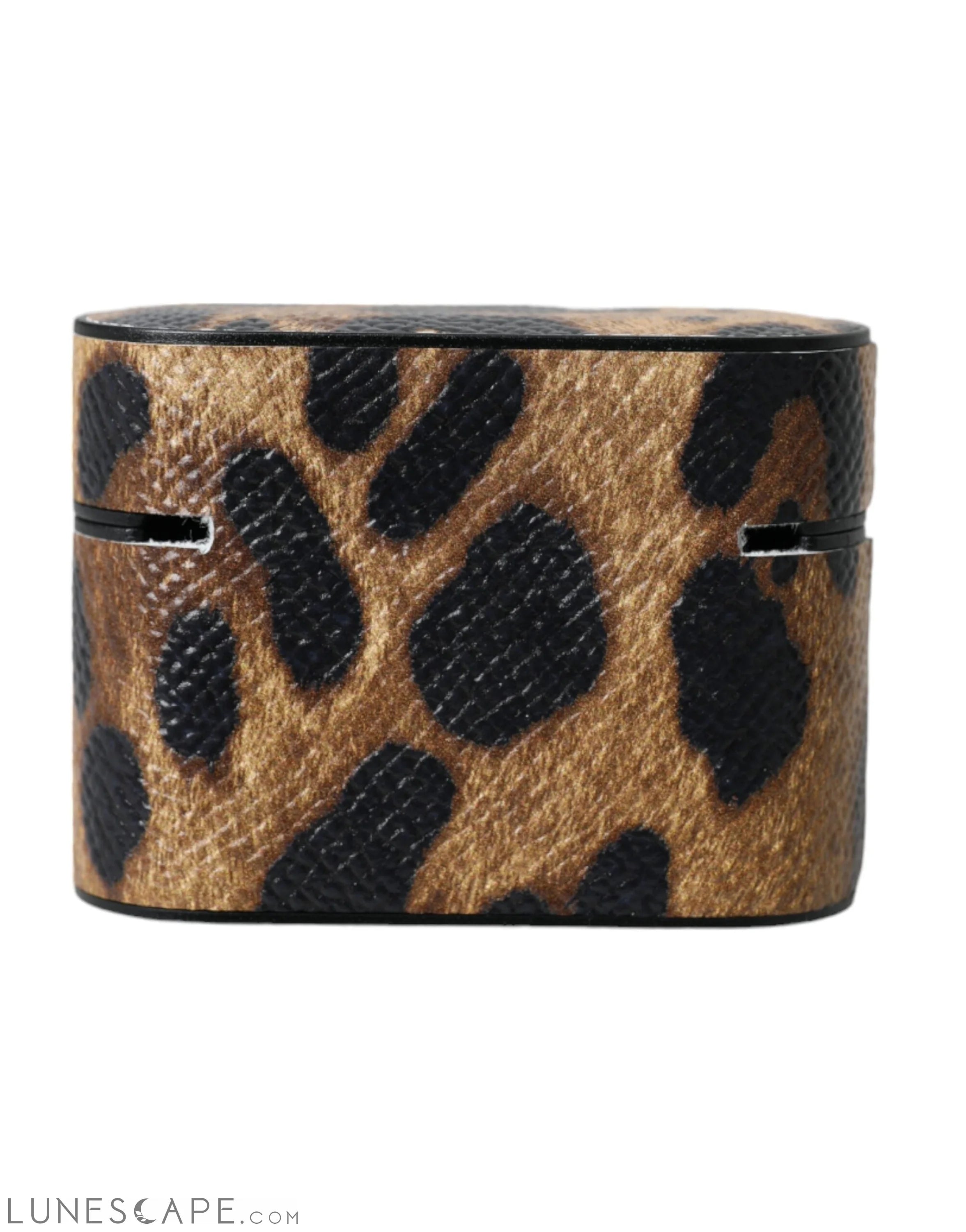 Dolce & Gabbana Brown Leopard Calf Leather Metal Logo Plaque Airpods Case LUNESCAPE