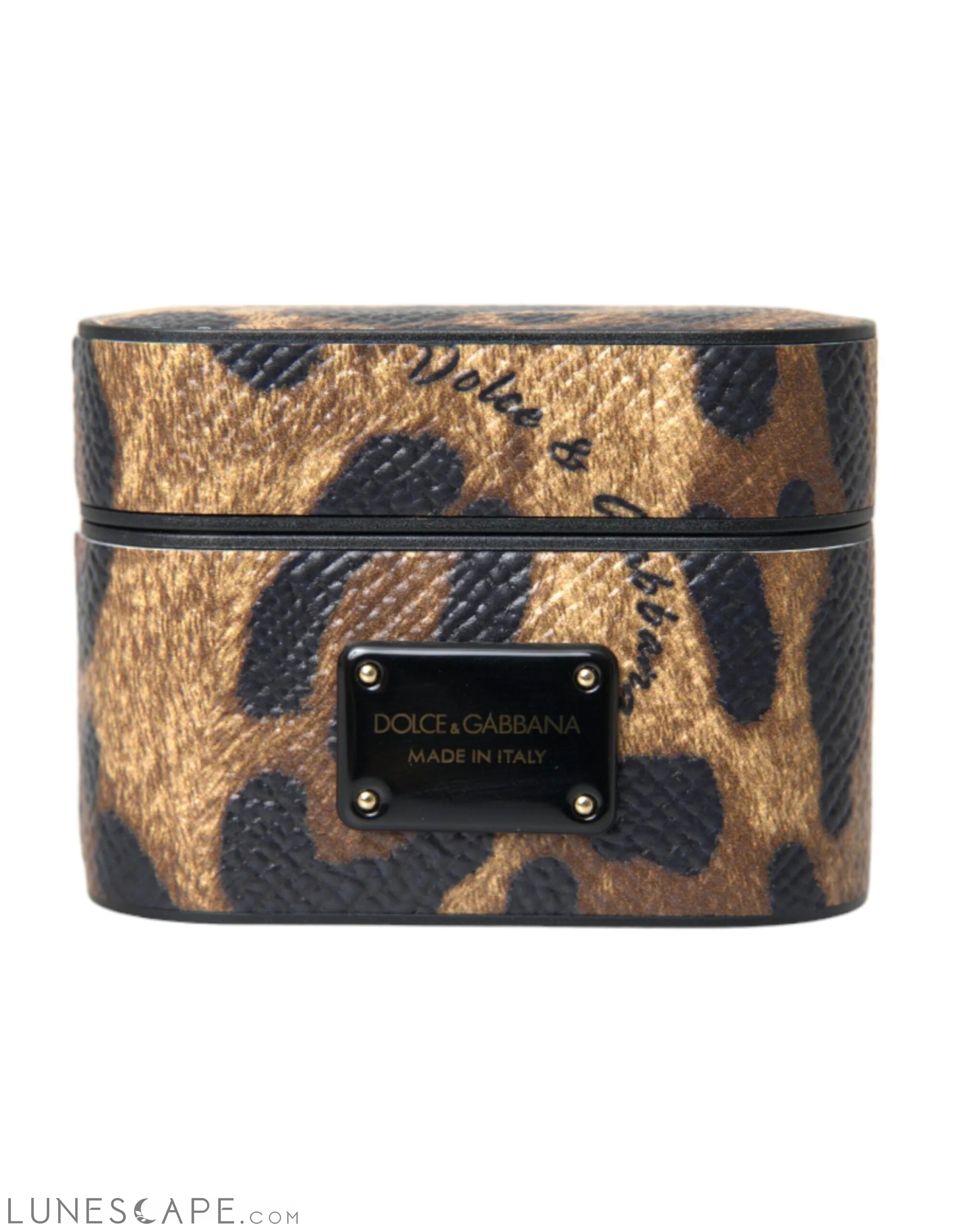 Dolce & Gabbana Brown Leopard Calf Leather Metal Logo Plaque Airpods Case LUNESCAPE