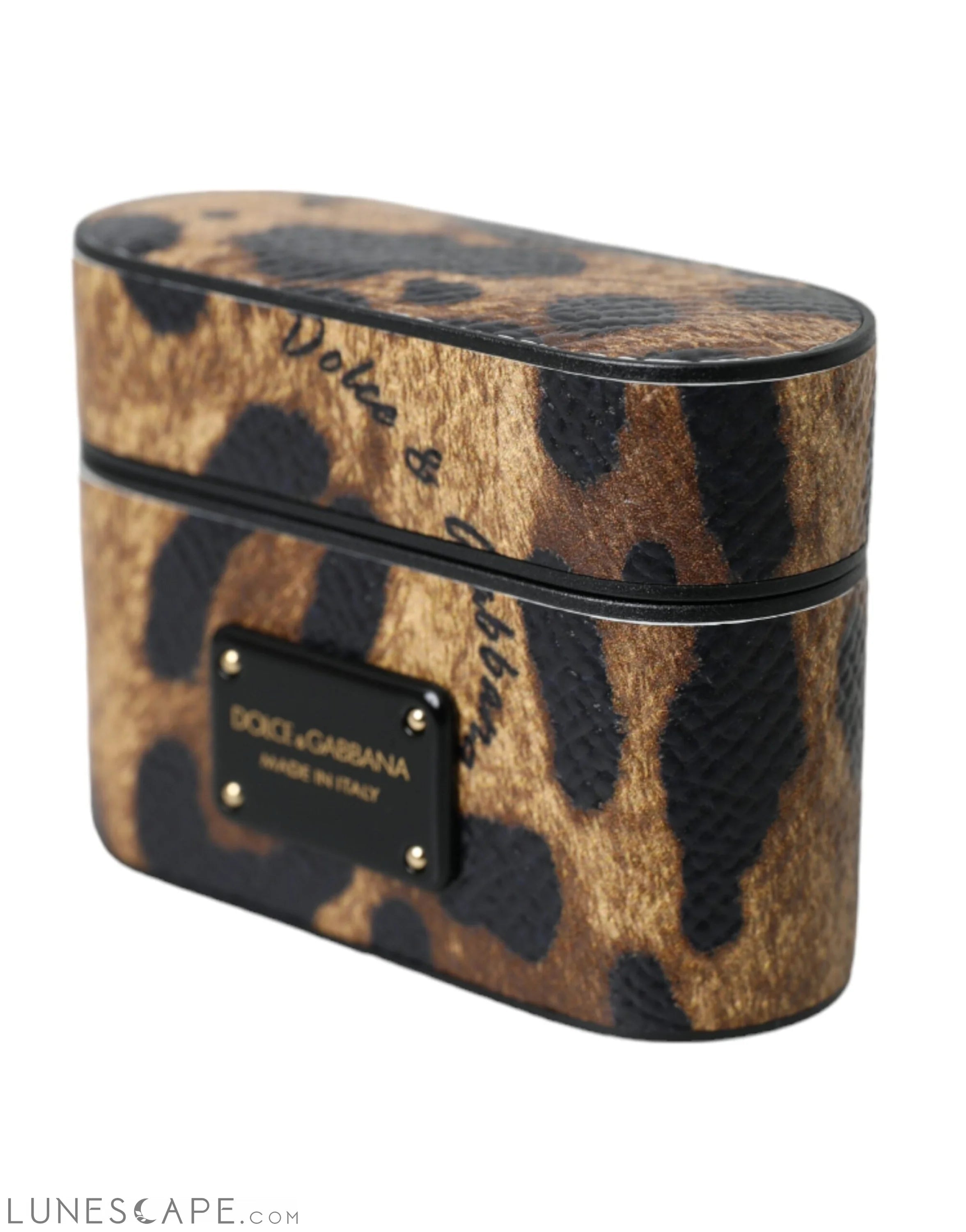 Dolce & Gabbana Brown Leopard Calf Leather Metal Logo Plaque Airpods Case LUNESCAPE