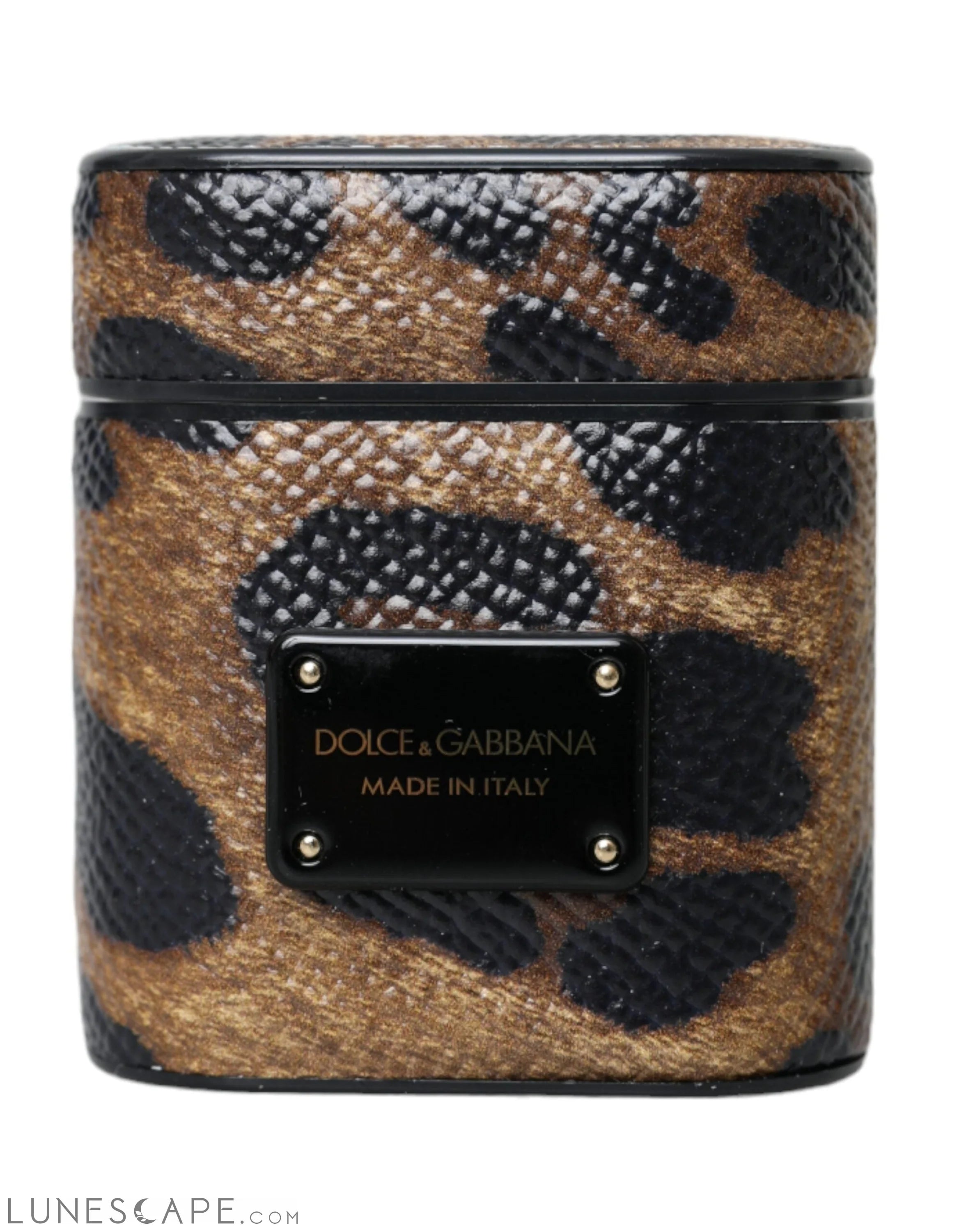 Dolce & Gabbana Brown Leopard Calf Leather Metal Logo Plaque Airpods Case LUNESCAPE