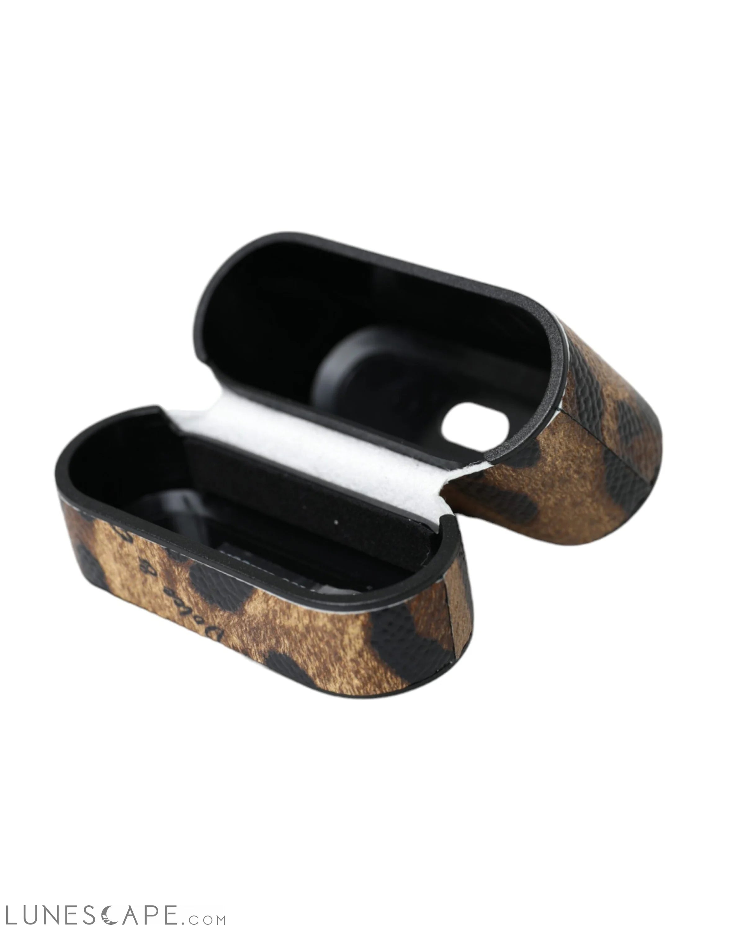 Dolce & Gabbana Brown Leopard Calf Leather Metal Logo Plaque Airpods Case LUNESCAPE